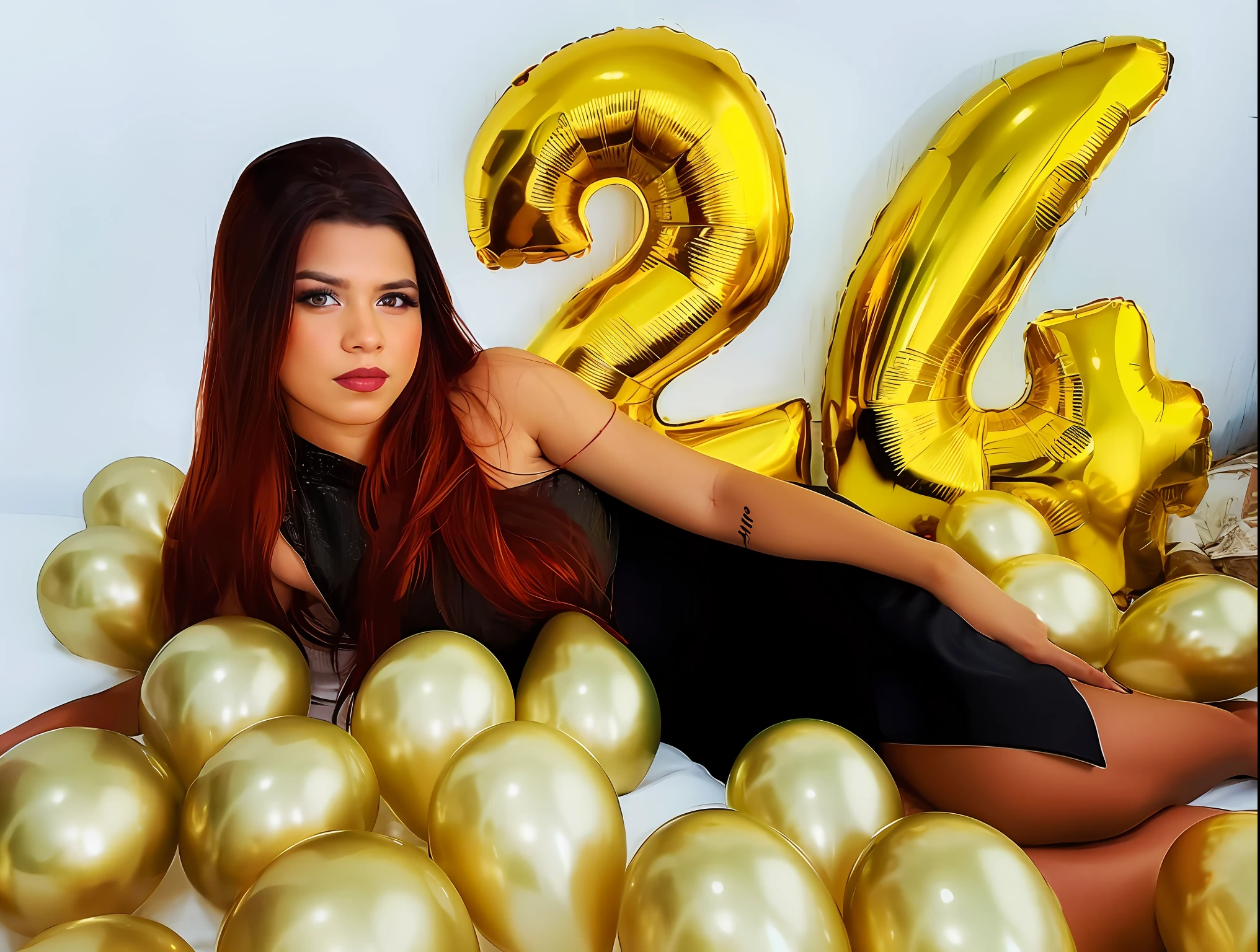Araffe woman lying on the ground with gold balloons and number 26, she is 2 3, 2 Modelo feminina de 4 anos, Jovem mulher na casa dos 20 anos, 2 4 anos, ela tem cerca de 2 a 5 anos de idade, 2 5 anos, 21 anos, 2 2 anos, idade 2 0, ela tem cerca de 20 anos