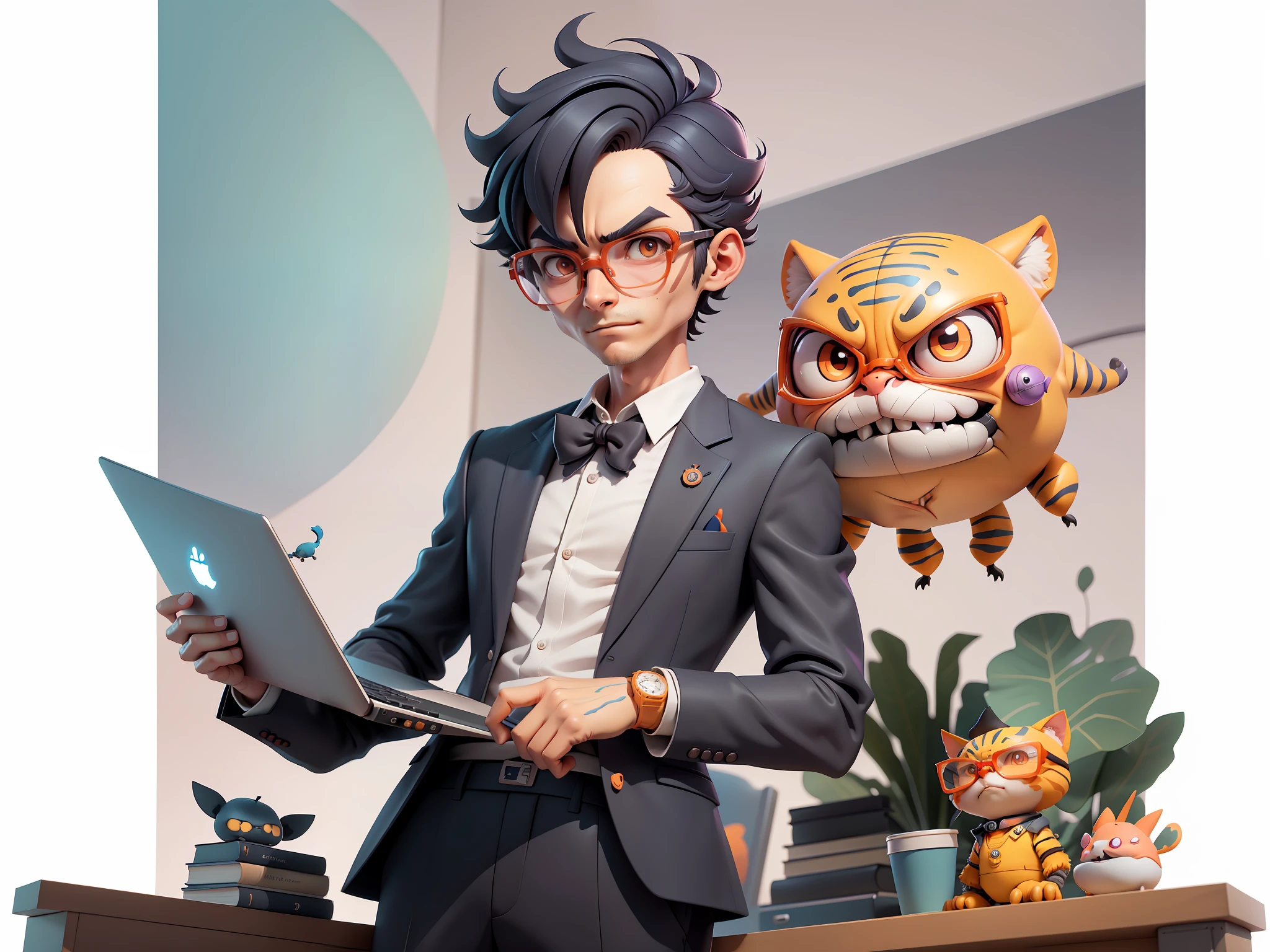 A young man in a suit, Short hair and glasses sat at his desk，holding laptop，digitial painting，tigre，3D character design by Mark Clairen and Pixar and Hayao Miyazaki and Akira Toriyama，4K HD illustration，Very detailed facial features and cartoon-style visuals。