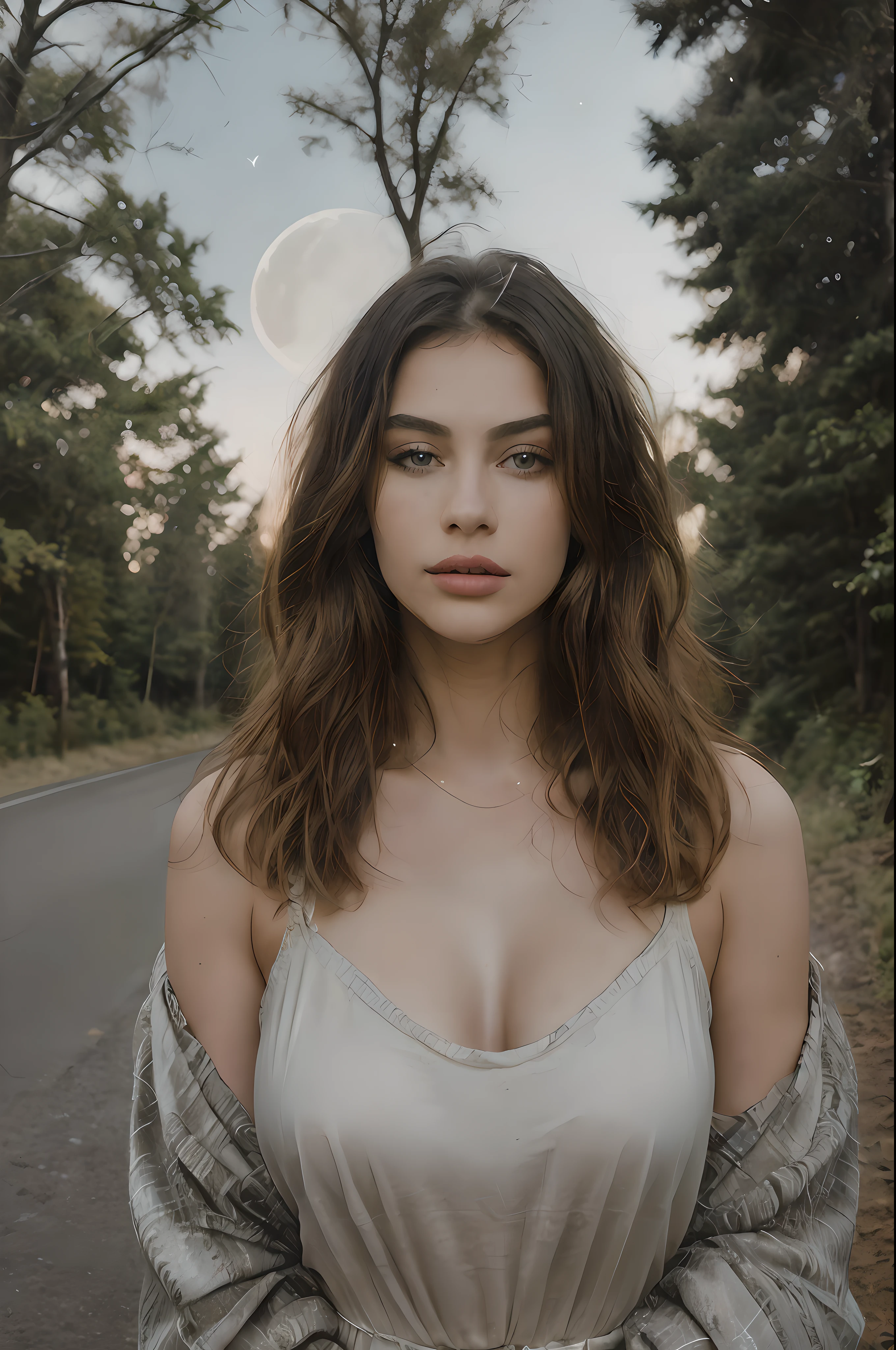 (masterpiece:1.5), (a hyper-realistic image:1.5), (a high-quality photograph:1.5), sharp view, (16K:1.5), (high resolution:1.5), (Full HD:1.5), ( ultra detailed image:1.5), sharp image, (full view of woman from head to toe:1.5), (sexy pose:1.5), (hyper realistic skin texture:1.5), a blonde haired brunette woman standing on middle of a dirt road, (black minidress: 1.5), many trees on the sides of the road, (night with many stars, gigantic full moon: 1.5), fresh, pleasant,