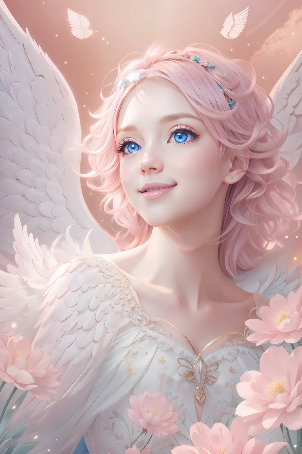 Blue-eyed angel、More Beautiful Angels、Fantastic Angel、Heavenly background、brilliance、A smile、pink back ground