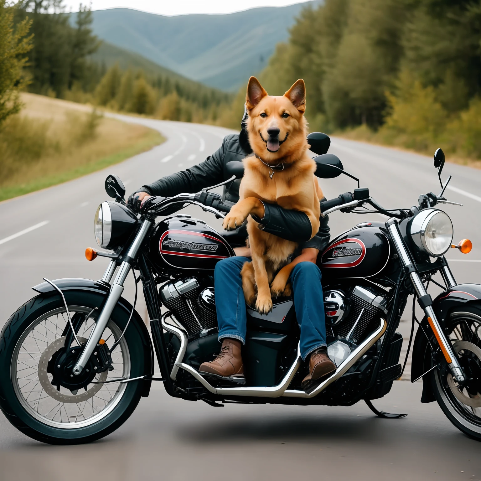 Dog mounted on fallen man on motorcycle