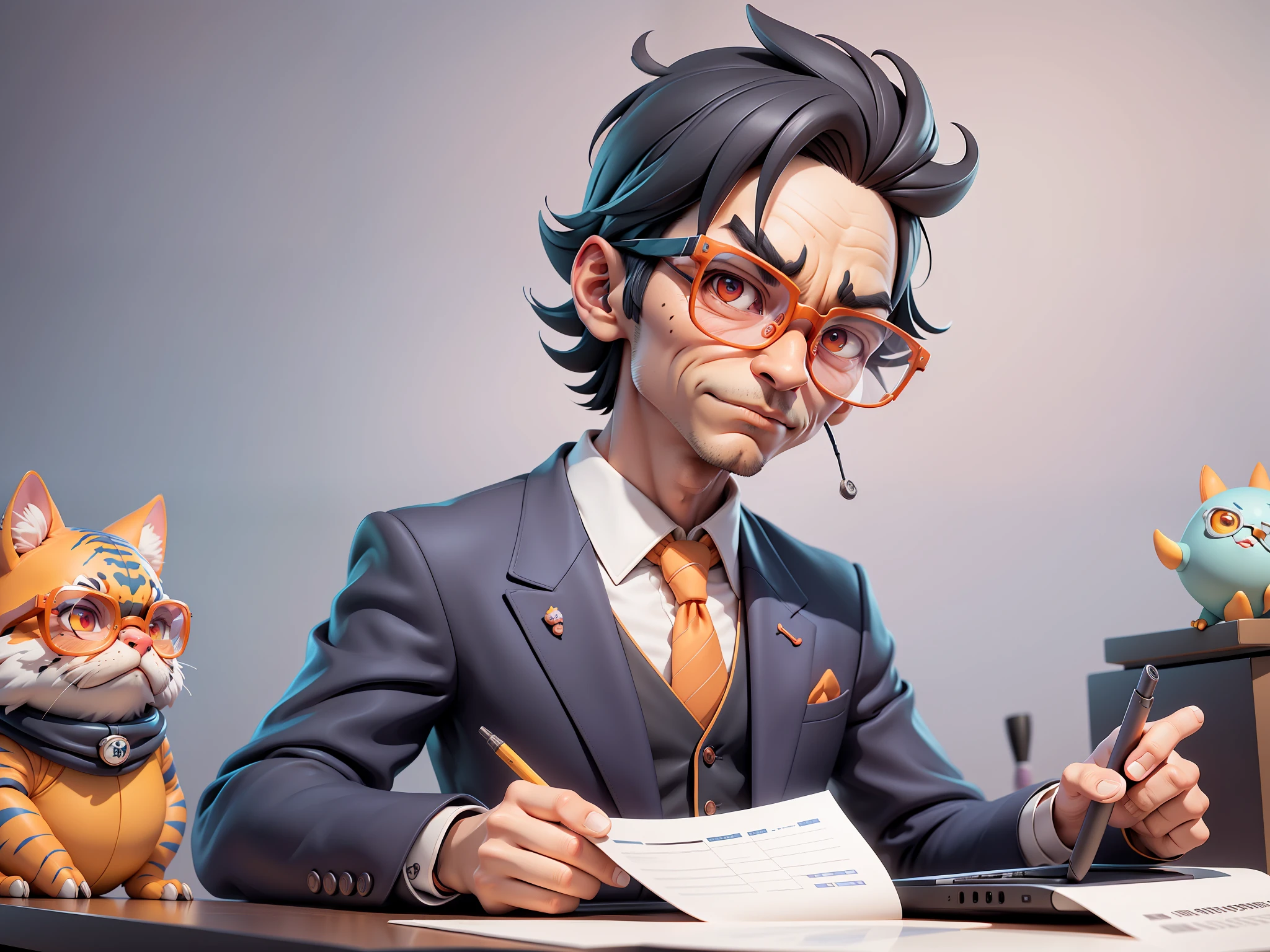 A young man in a suit, Short hair and glasses sat at his desk,holding laptop,digitial painting,tigre,3D character design by Mark Clairen and Pixar and Hayao Miyazaki and Akira Toriyama,4K HD illustration,Very detailed facial features and cartoon-style visuals。