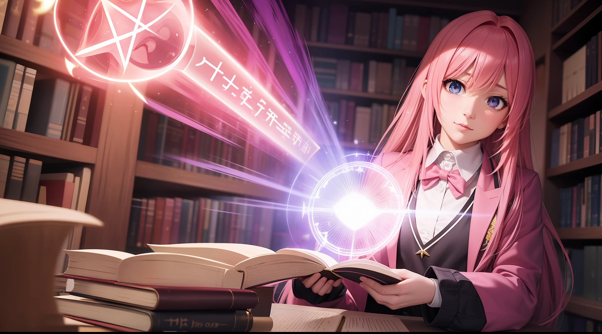 "A Photorealistic High-Quality Anime-Style Girl with Pink Hair, Dressed in a Magical School Uniform with Glowing Runes, Casting Spells in a Magical Library Filled with Ancient Tomes and Mystical Artifacts, taken with an Advanced Enchanted Camera and utilizing an Ethereal Lens