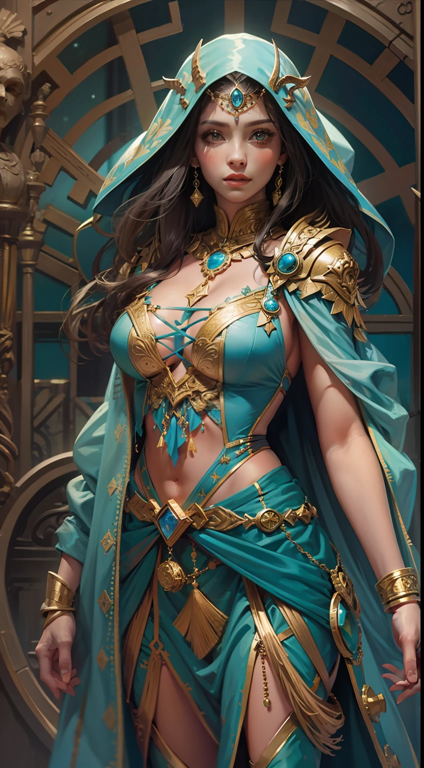 Beautiful woman in insanely intricate Atlantean mage Outfit