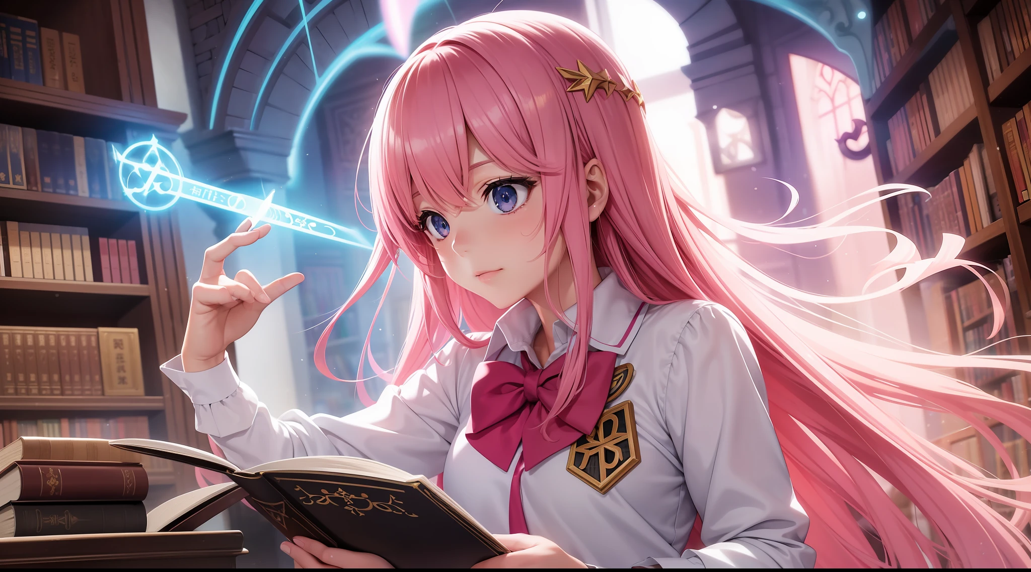 "A Photorealistic High-Quality Anime-Style Girl with Pink Hair, Dressed in a Magical School Uniform with Glowing Runes, Casting Spells in a Magical Library Filled with Ancient Tomes and Mystical Artifacts, taken with an Advanced Enchanted Camera and utilizing an Ethereal Lens