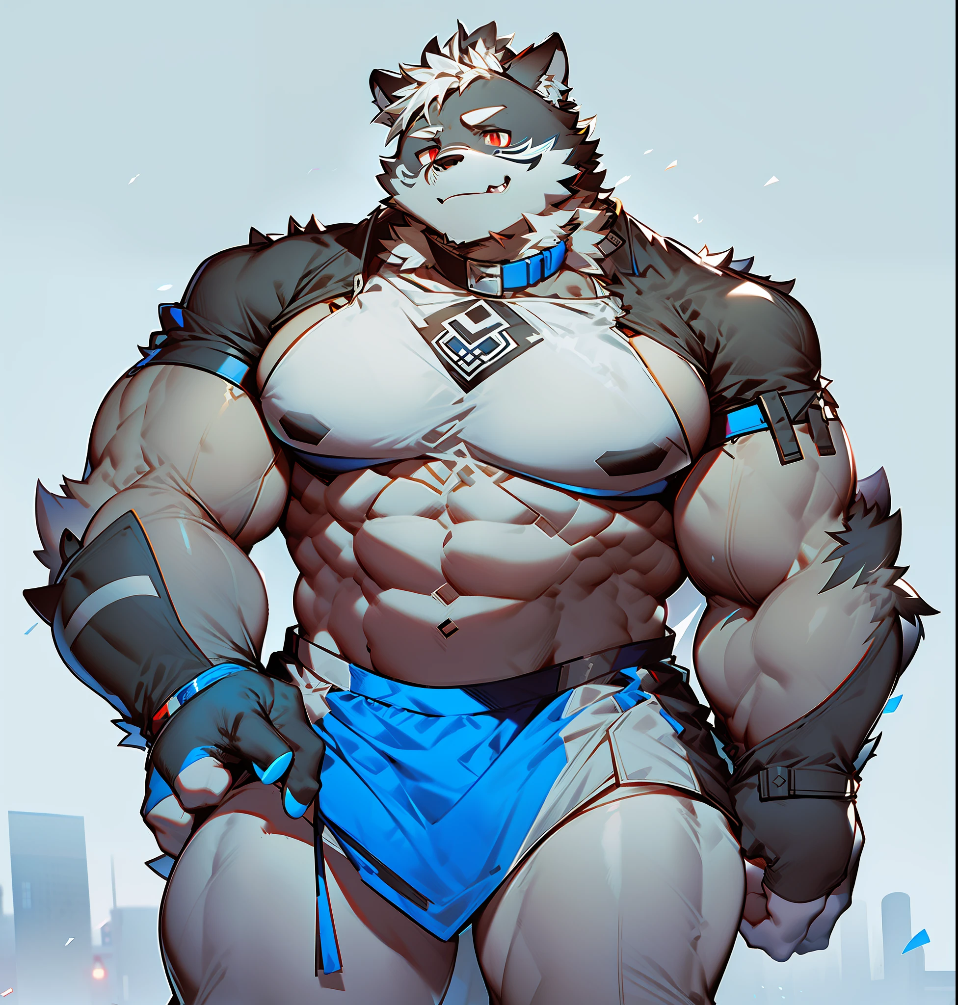 coyote，Furry，Blue pattern，Black hair，musculature，Muscle men，nakeness，Strong，ultraclear，Has a large ，Collar，Black  shorts，Black sclera，red pupils，Abs，Red coat，The erection，Collar，Has a large ，der riese，tit，Solo，Stout arms，Storm jacket，Badge，Pronounced abs，ssmile，lbeard，Dim lighting，Dark atmosphere，subway station background，Dim light，Urban style