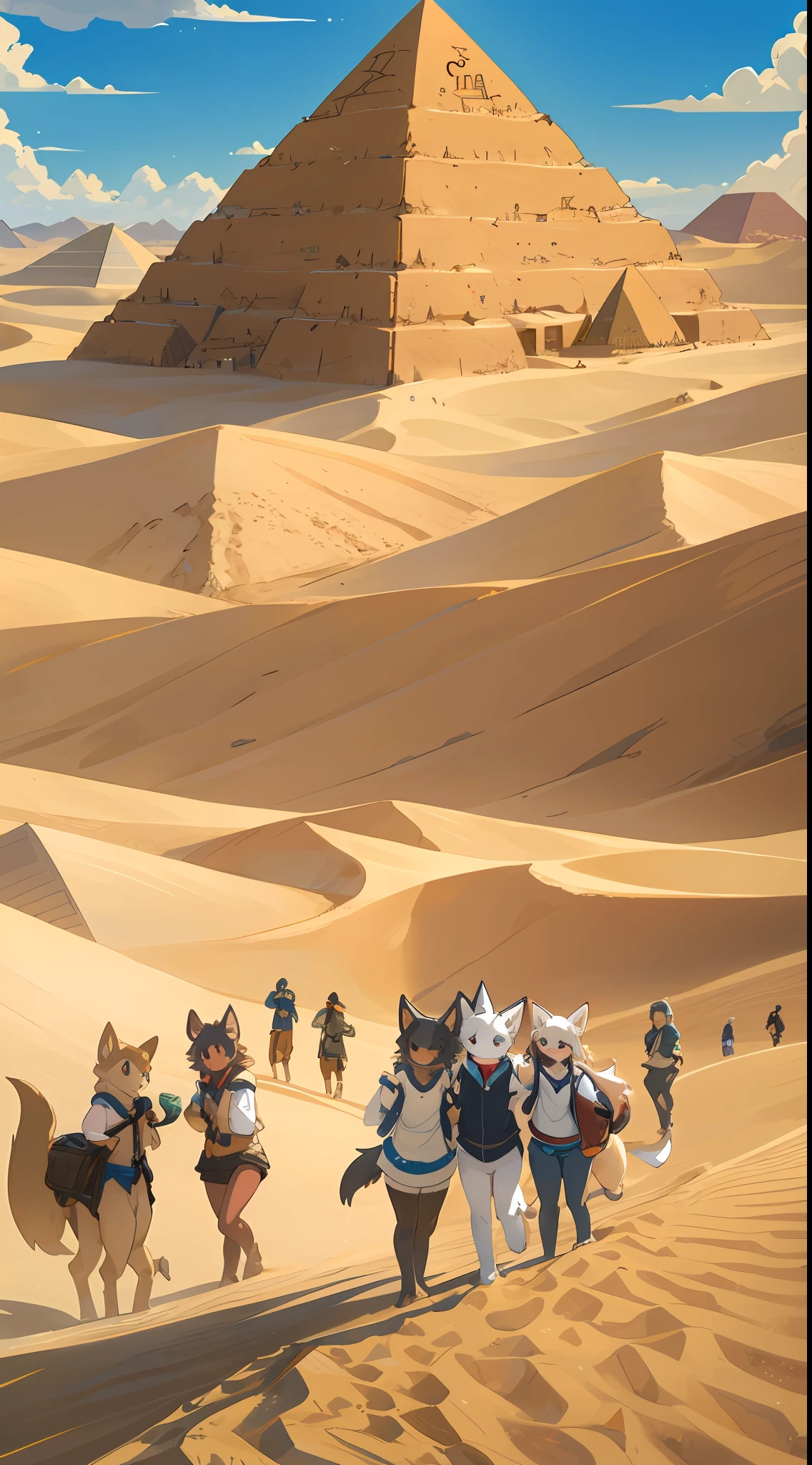 top quality, best quality, High-quality illustrations, masterpiece, super high resolution, detailed background, detailed background, desert, camel, sand dunes, pyramid, group shot:0.2, 6+boys, 6+girls, Happy, joyful, absurdres(highly detailed beautiful face and eyes)perfect anatomy(kemono, furry anthro)selfie:0.1,
