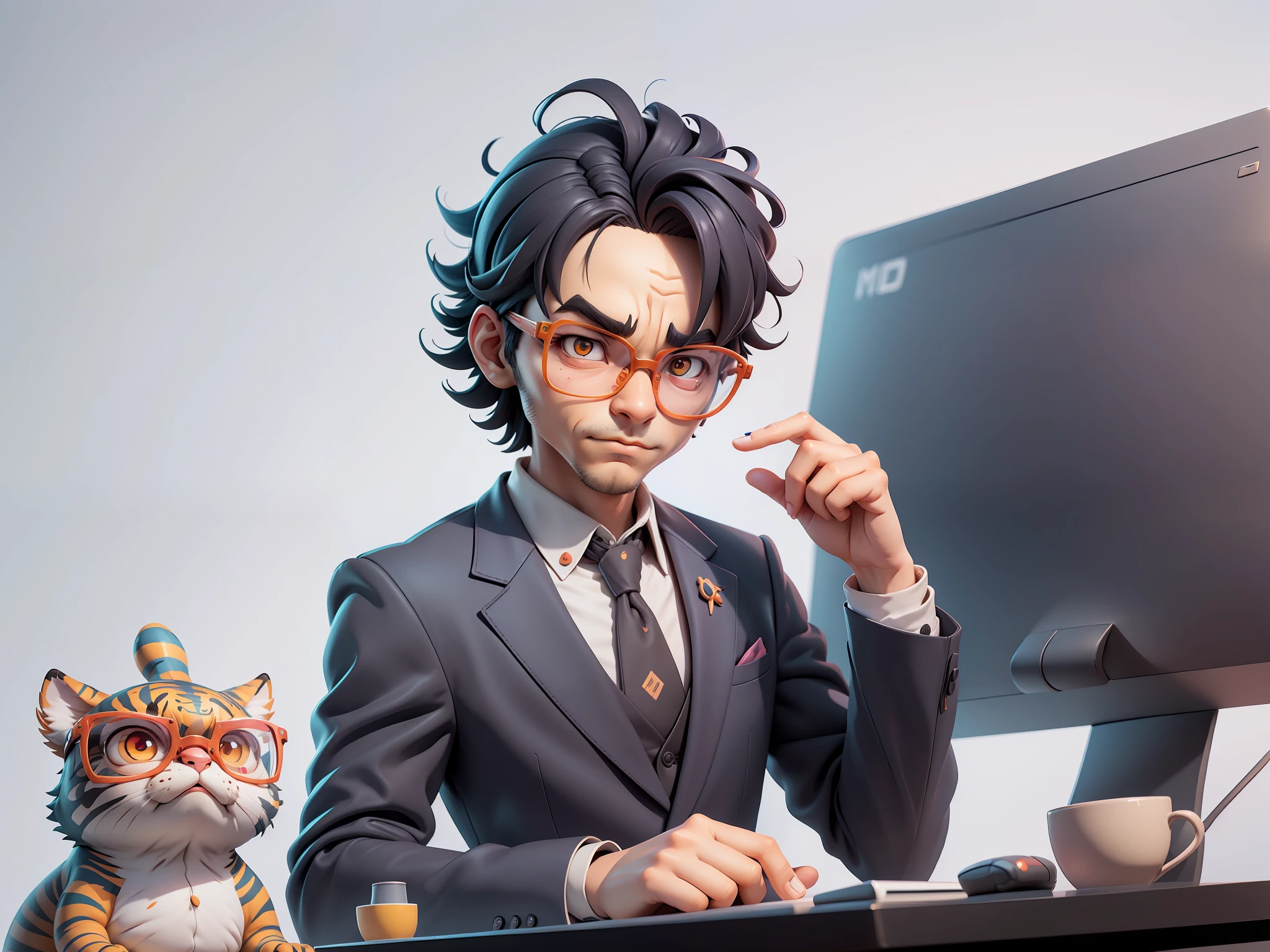 A young man in a suit, Short hair and glasses sat at his desk,holding laptop,digitial painting,tigre,3D character design by Mark Clairen and Pixar and Hayao Miyazaki and Akira Toriyama,4K HD illustration,Very detailed facial features and cartoon-style visuals。