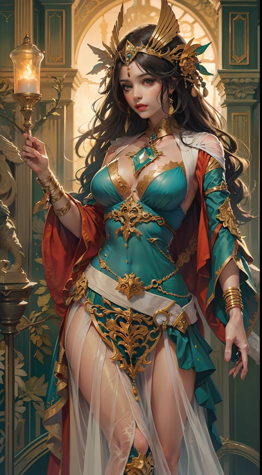 Beautiful woman in insanely intricate Atlantean mage Outfit