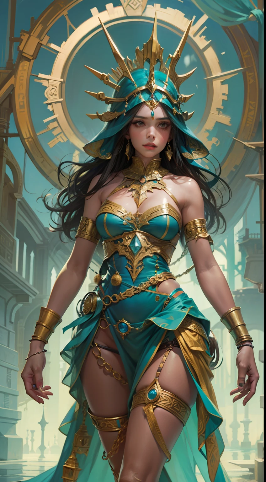 Beautiful woman in insanely intricate Atlantean mage Outfit