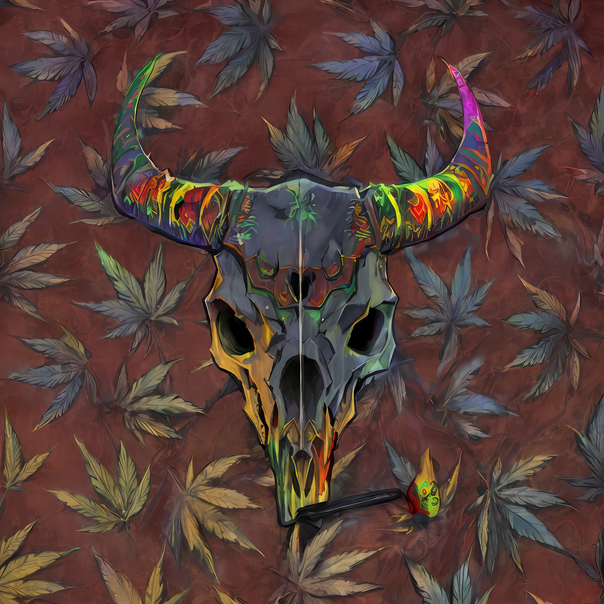 There's a skull with the G in my source, com chifres, uma serpene entre os olhos, and a cigarette in front of a pattern of marijuana leaves., fundo verde, da erva daninha, fumar maconha, erva daninha, Stoner, marijuana smoke, projeto da chifres exuberantes, Joints, colorful illustration for tattoo, personification of marijuana, Cannabis, sharp high quality artwork, paranoia da cannabis, with an animal skull for a head, Tema Maconha, transparent smoke from hell