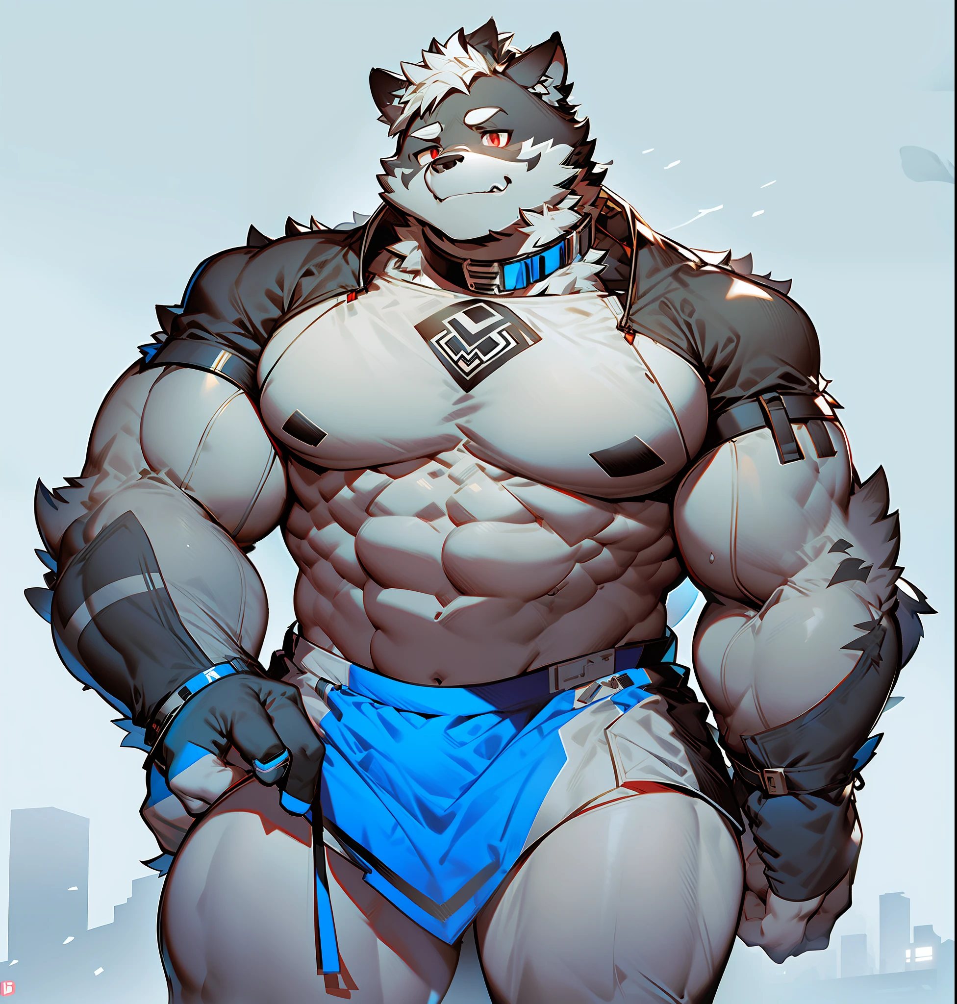 coyote，Furry，Blue pattern，Black hair，musculature，Muscle men，nakeness，Strong，ultraclear，Has a large ，Collar，Black  shorts，Black sclera，red pupils，Abs，Red coat，The erection，Collar，Has a large ，der riese，tit，Solo，Stout arms，Storm jacket，Badge，Pronounced abs，ssmile，lbeard，Dim lighting，Dark atmosphere，subway station background，Dim light，Urban style