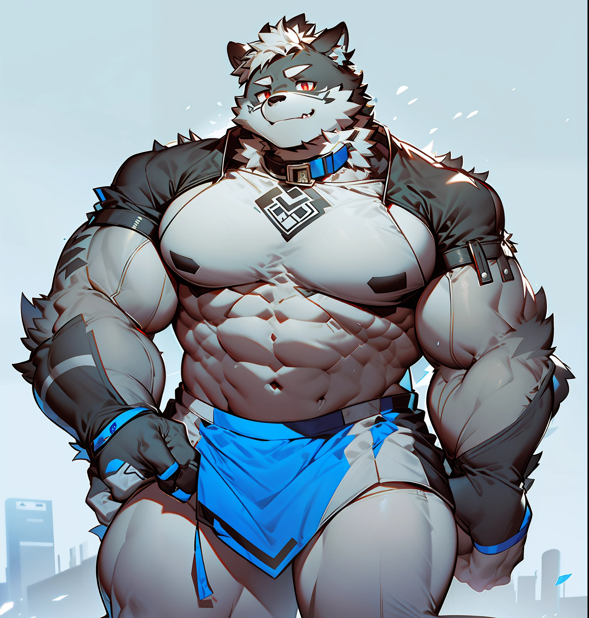 coyote，Furry，Blue pattern，Black hair，musculature，Muscle men，nakeness，Strong，ultraclear，Has a large ，Collar，Black  shorts，Black sclera，red pupils，Abs，Red coat，The erection，Collar，Has a large ，der riese，tit，Solo，Stout arms，Storm jacket，Badge，Pronounced abs，ssmile，lbeard，Dim lighting，Dark atmosphere，subway station background，Dim light，Urban style