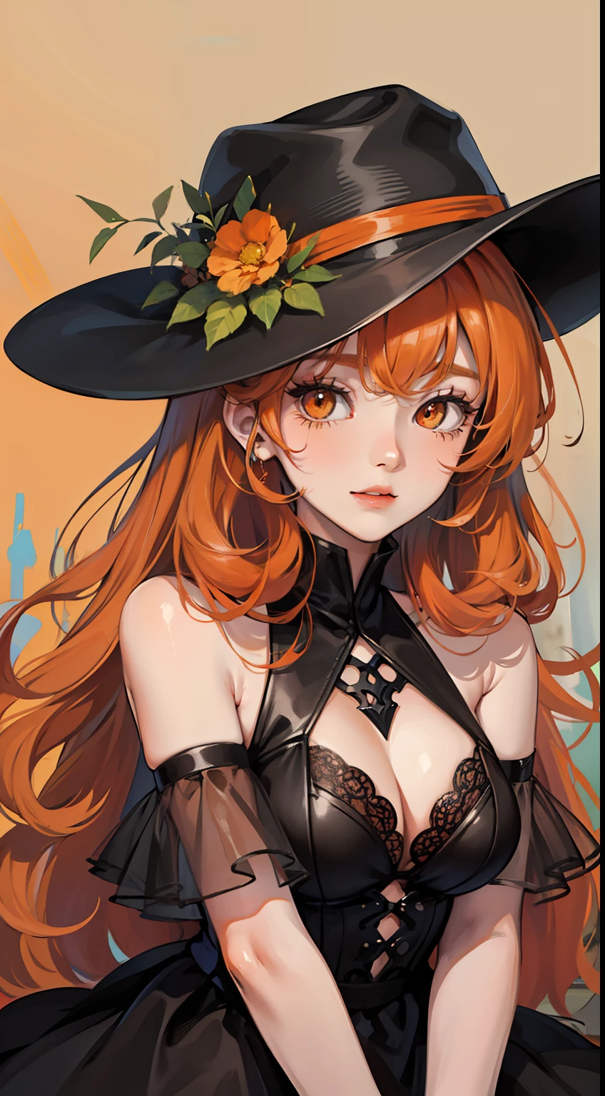 adult girl, long curly orange hair, Orange Eyes, black dress and hat, ssmile, Masterpiece, hiquality