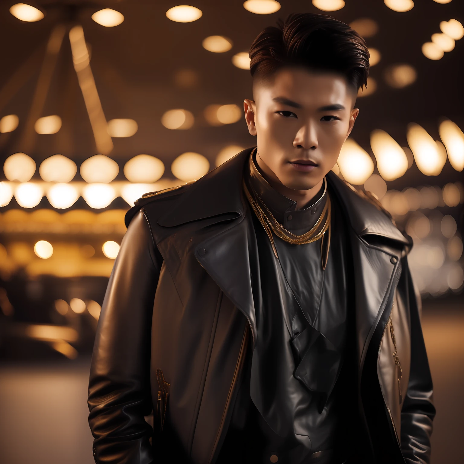 (1 Men,(8K:1.3), Knight image,Asian man photo,Mature men(Best quality, Masterpiece), 超高分辨率:1.2,The silhouette blends in with Korea&Japanese male style,The image is based on a 30-year-old man,The character's facial contours are three-dimensional,Be three-dimensional,Wild like a motorcyclist, Wear leather textured gloves(Full of detail),Short brown hair(Gradient lighting), 1 man, The skin texture is clear, Look ahead,The man's eyes were anxious,Chapped lips,Sweat on the forehead,The eyes are slender, (Photorealistic:1.4), (Best quality:1.0), (超高分辨率:1.0), 8K, RAW photo, (Masterpiece:0.2), (PureErosFace_V1:0.5),Feral male image, Men's leather biker jacket(metallic buttons),Several patterned printed shirts,Wear necklaces and bracelets and 3 metal chains in different styles,A thick rope is tied around the waist, The venue is located in front of the amusement park carousel, The man's expression was nervous,Liso's action,mystical ambiance,Male posture and male facial features(Three-dimensional),Hair is scattered and layered,Lights illuminate the characters from top to bottom,Bare hair,sun light,画面压抑而紧张➕全男性特征元素