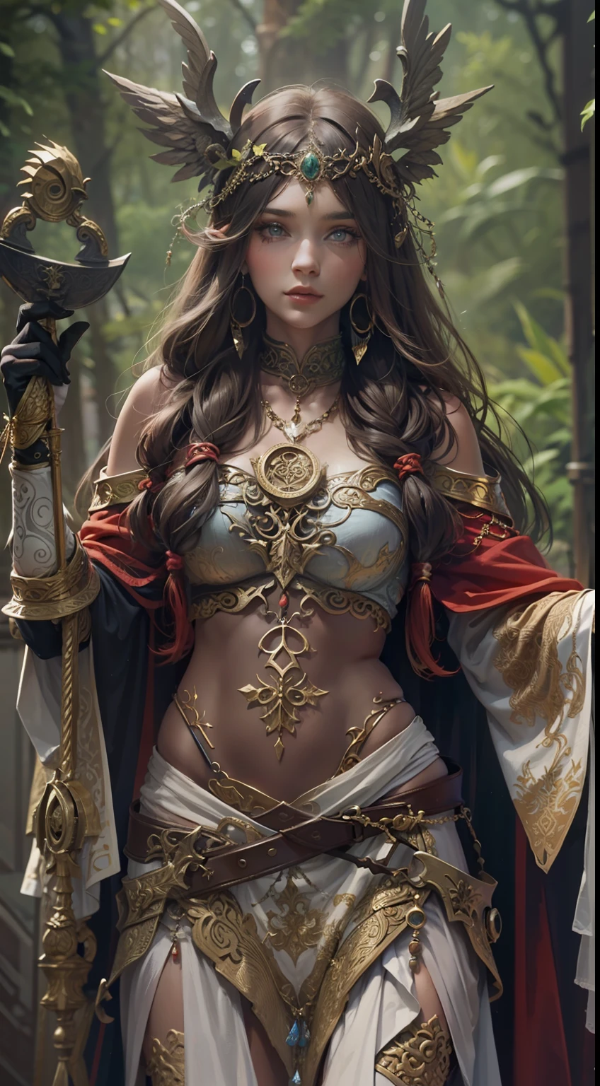 Beautiful woman in insanely intricate Celtic druid Outfit