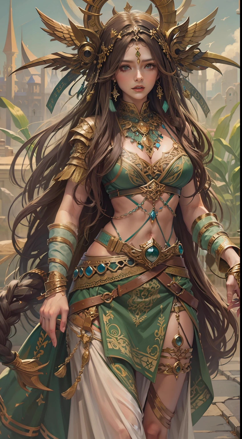 Beautiful woman in insanely intricate Celtic druid Outfit
