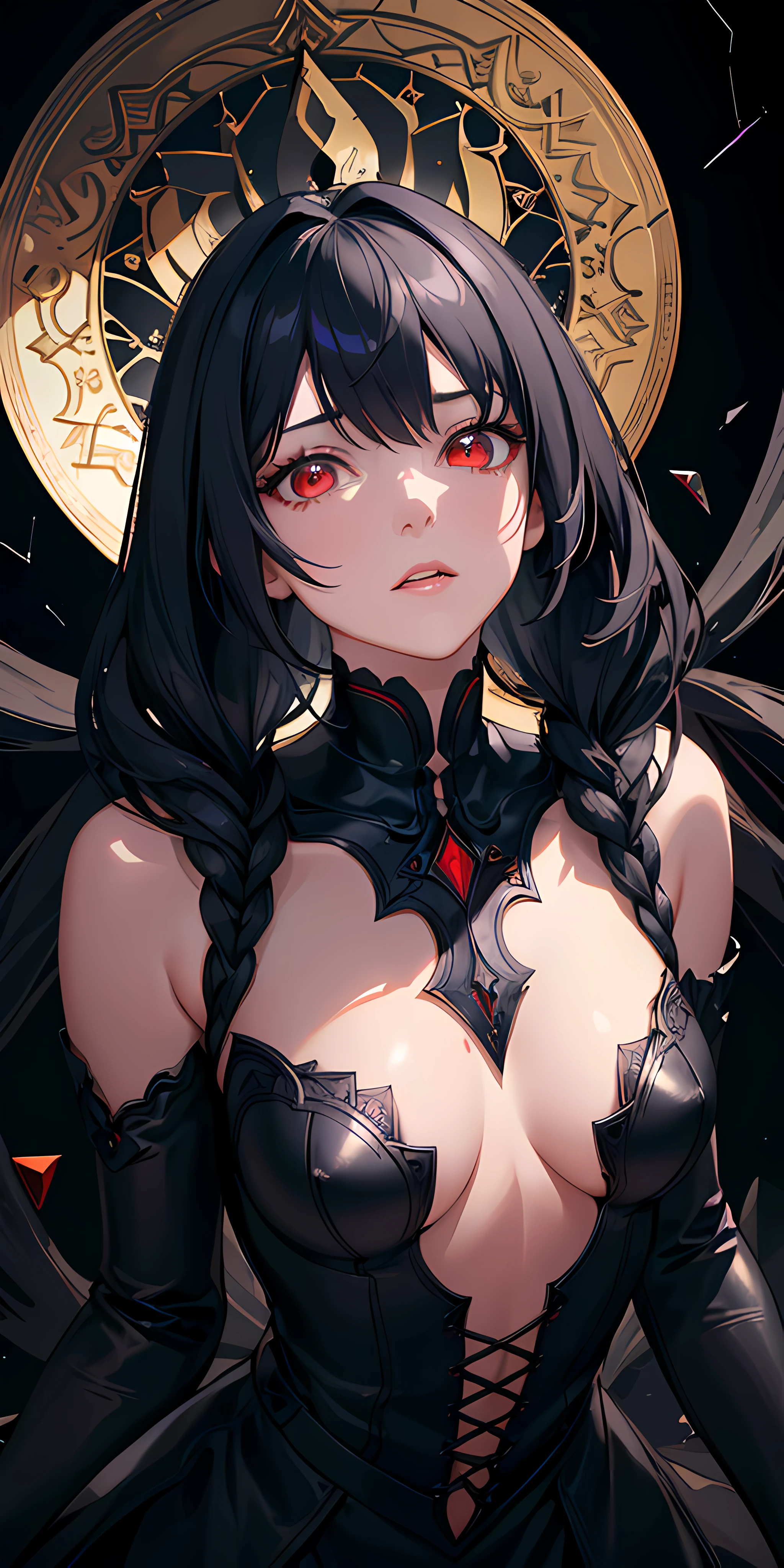 (masterpiece, best quality, ultra-detailed, best shadow), (detailed background,dark fantasy), (beautiful detailed face), high contrast, (best illumination, an extremely delicate and beautiful), ((cinematic light)), colorful, hyper detail, dramatic light, intricate details, (1 girl, solo,black hair, sharp face,low twintails,red eyes, hair between eyes,dynamic angle), blood splatter, swirling black light around the character, depth of field,black light particles,(broken glass),magic circle,