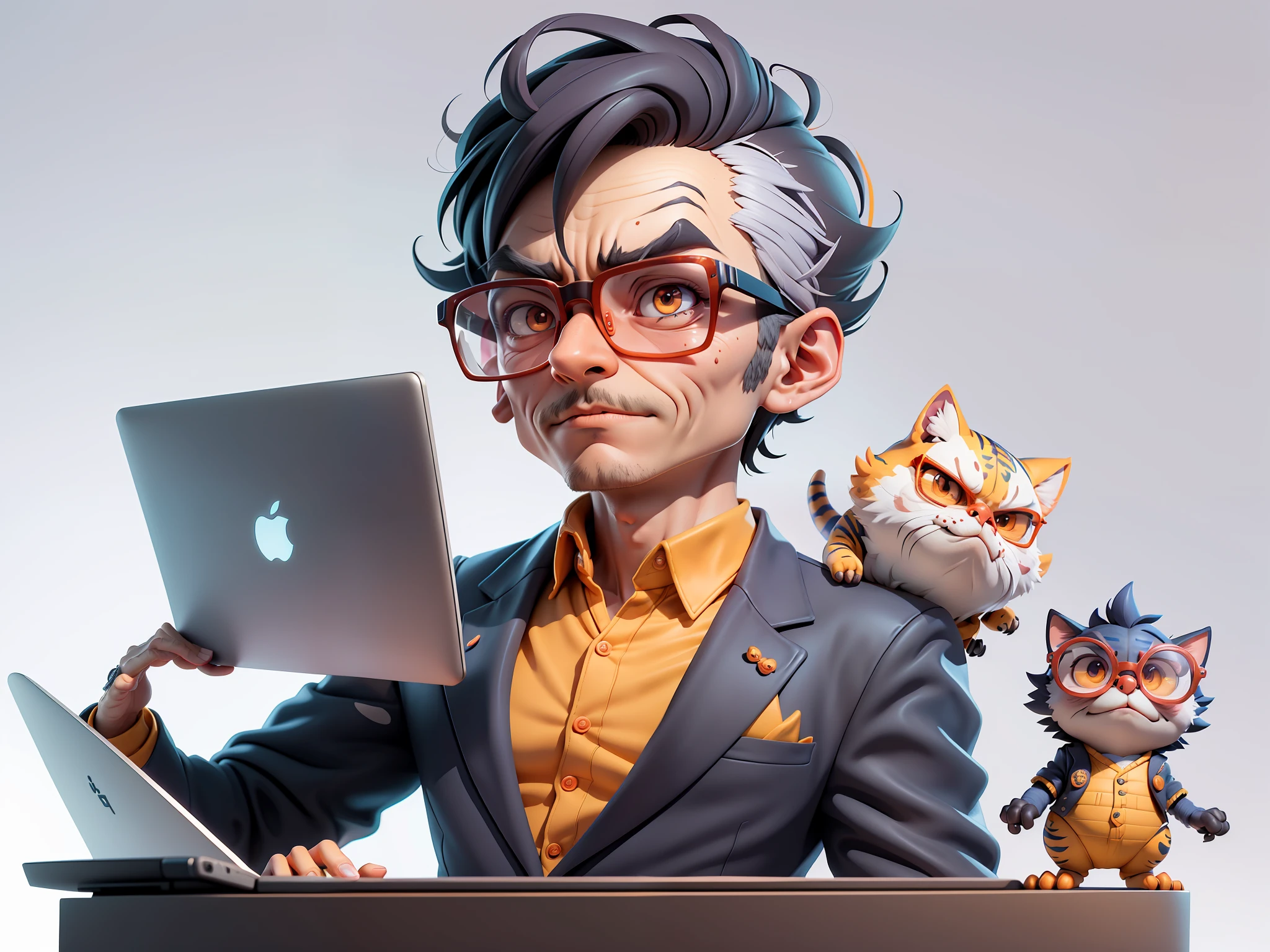 A young man in a suit, Short hair and glasses sat at his desk，holding laptop，digitial painting，tigre，3D character design by Mark Clairen and Pixar and Hayao Miyazaki and Akira Toriyama，4K HD illustration，Very detailed facial features and cartoon-style visuals。