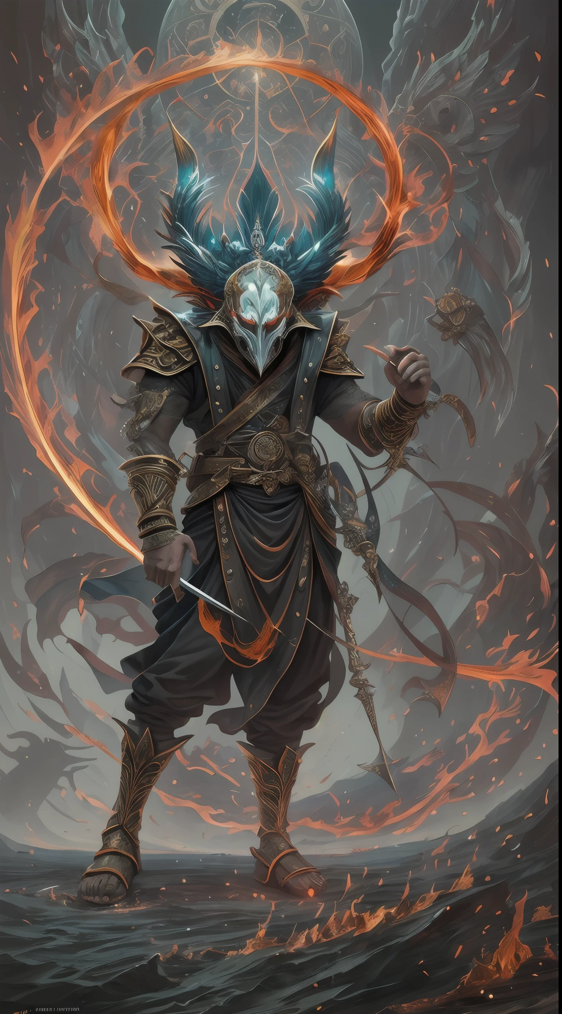 photore，sportrait，God floating on fire[The discovery of wormholes leads to a new world|The cursed prince must marry the Void]，[sci-fy：fanciful：0.6]cinmatic lighting，detailedbackground，at centre，Michael Bay style，insane detailed，k hd，concept-art，number art，with dynamism，（The most beautiful art in the world：1.2），（V0id3nergy：1.3），A man with a sword and a demon，beautiful male god of death，mohrbacher，Inspired by Shunkōsai Hokushu，In the artistic style of Morebach，asura from chinese myth，the god of chaos，Inspired by Ryūkōsai Jokei，Style Peter Molbach