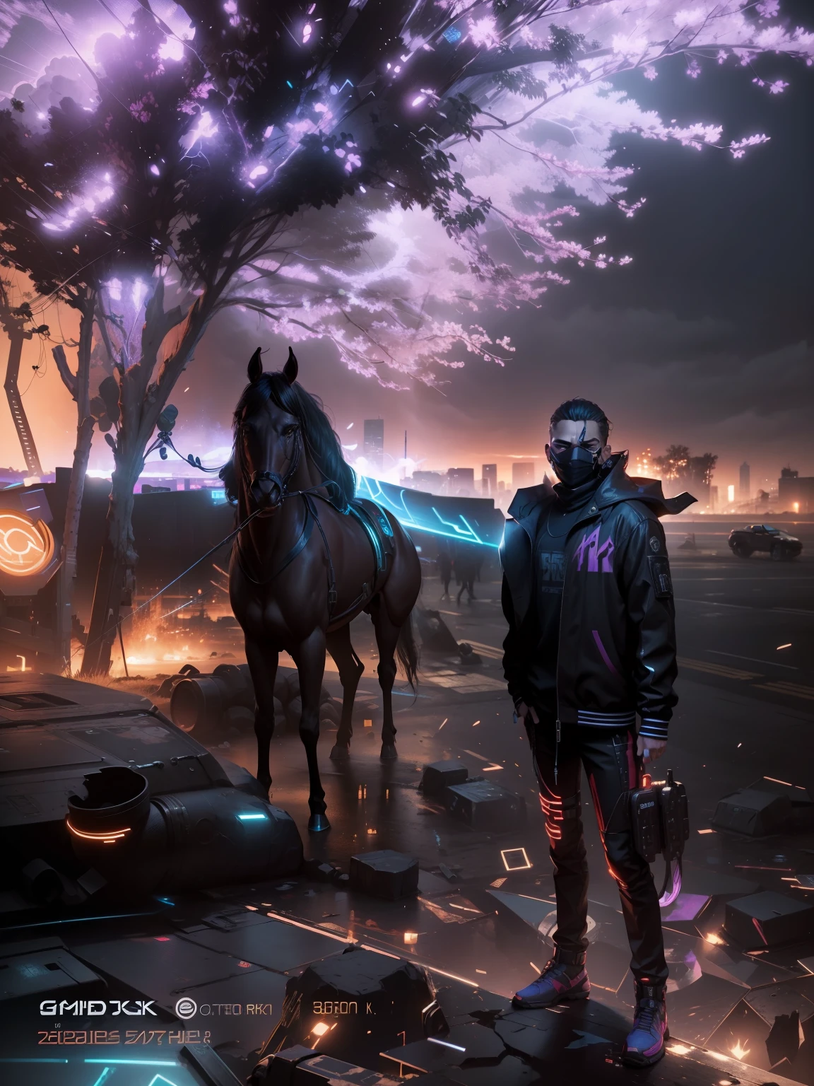 Change this background cyberpunk, realistic face,8k, ultra graphics, a boy an horsh