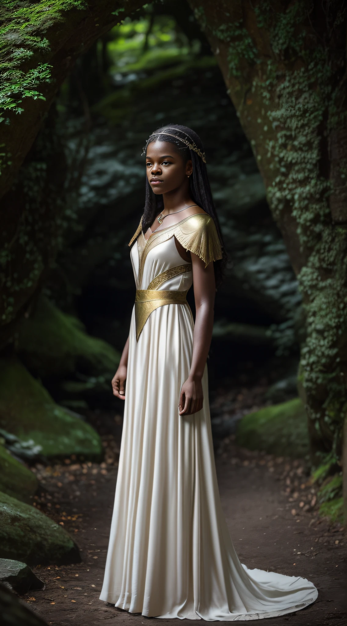 Create a photograph of Letitia Wright, in a realistic style, with high resolution. The photo should be well-lit, with soft light and no harsh shadows. The framing will be full-body, highlighting her enchanting presence and personality. The model will be dressed in an enchanting elven attire, featuring a delicate and flowing dress that evokes the grace and beauty of elves. Soft and earthy tones like white, silver, and gold should be incorporated to evoke the magical essence of elven fashion. Careful lighting and image composition should enhance the womans natural beauty, emphasizing the elegance and charm of the elven outfit, while capturing the essence of a mystical and elegant elven maiden in full-body portrait