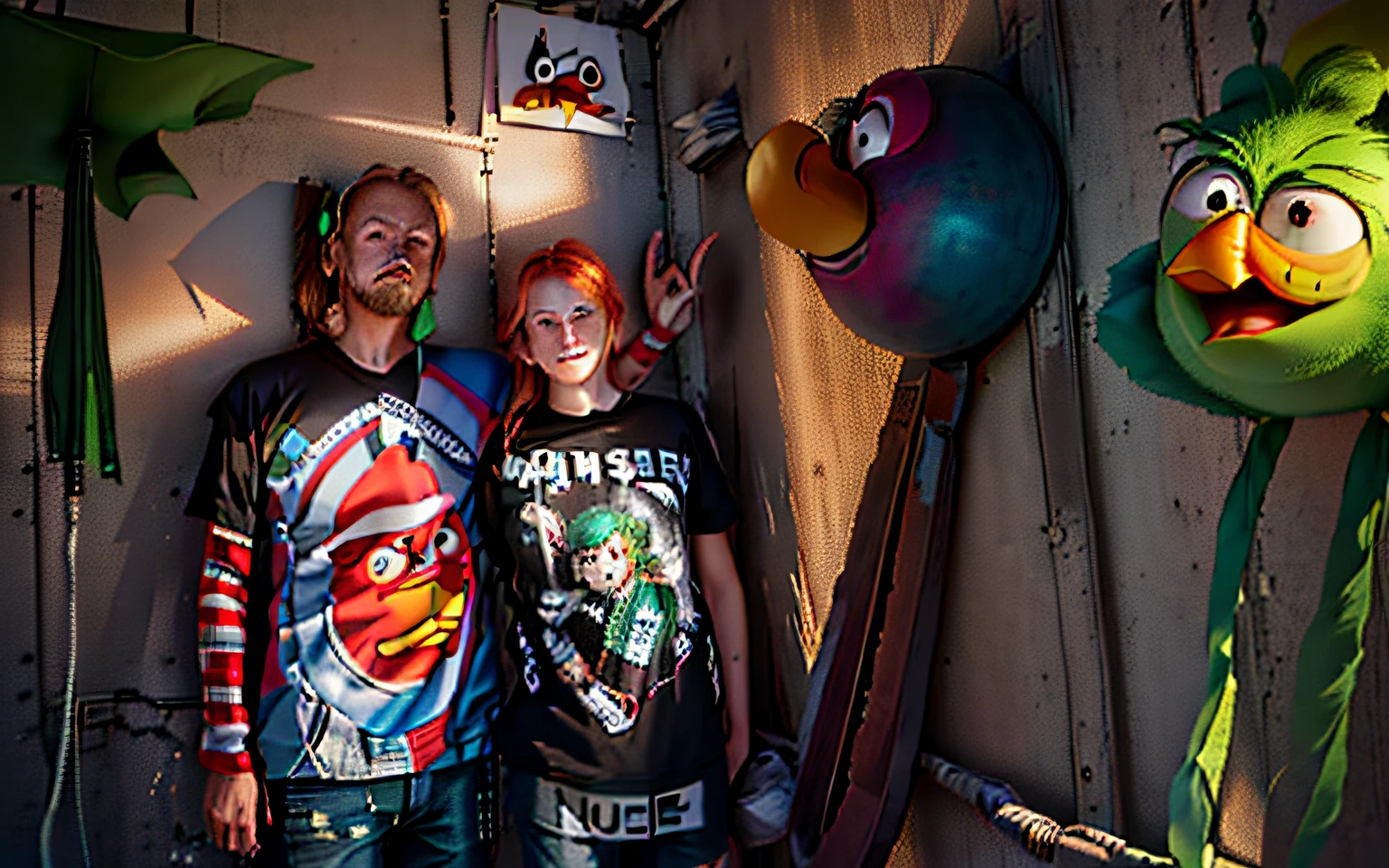 There are two people standing next to the wall, on which the angry birds sit, ???, Teresa Nielsen, with two characters, tmasterpiece, Winner of the competition, Arnie Beetroot, pepe, # E 4 i 6 2 0, Ruby Goldberg, inspired by Rube Goldberg, Everyone, Are-Bure-boke!!!!!!!!, with a kid, kids