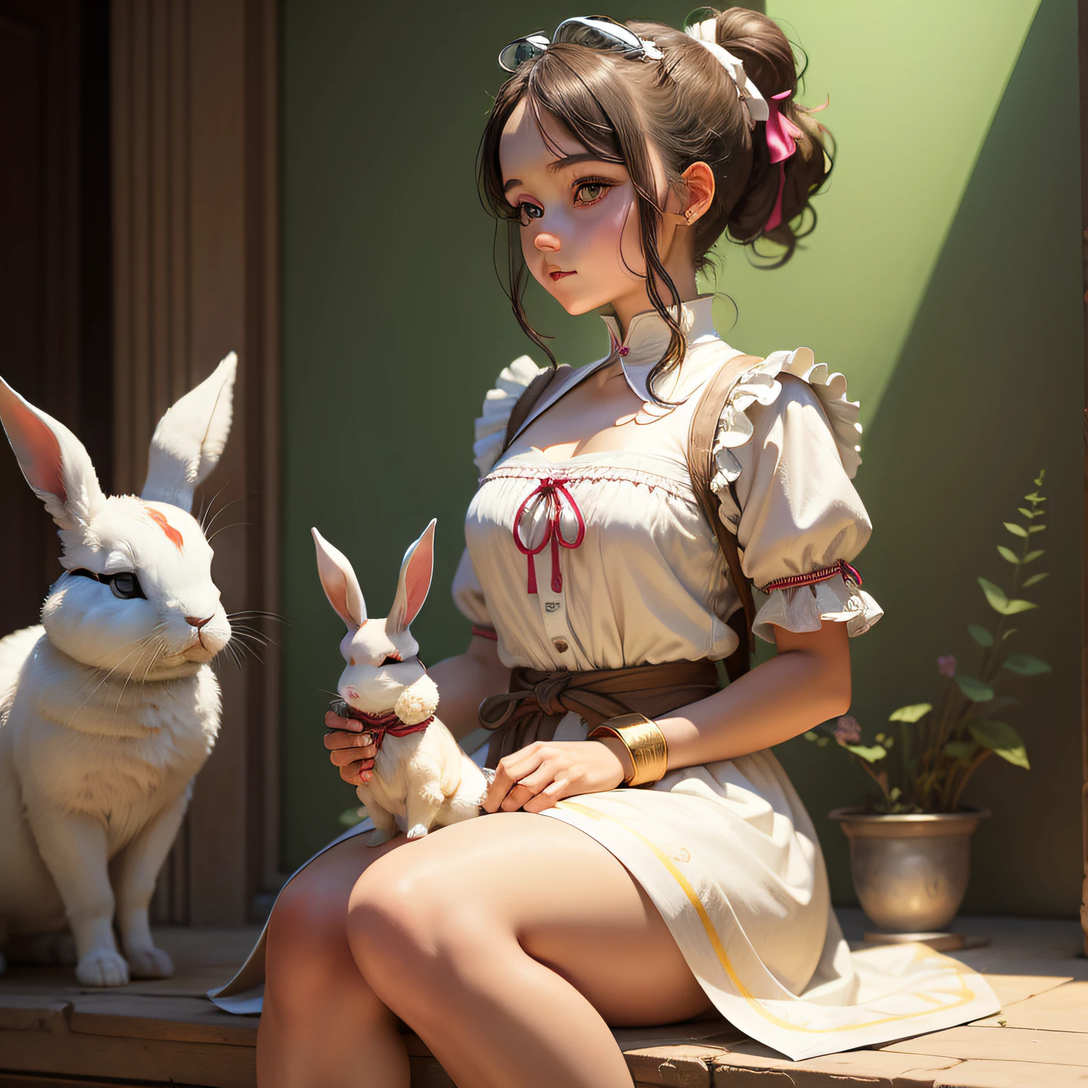 A girl's Roman painting style，Colorful ponytail，Complex light background，Holding a white rabbit in his hand，（Rabbit color：1.3）， [Light green theme|Color theme]