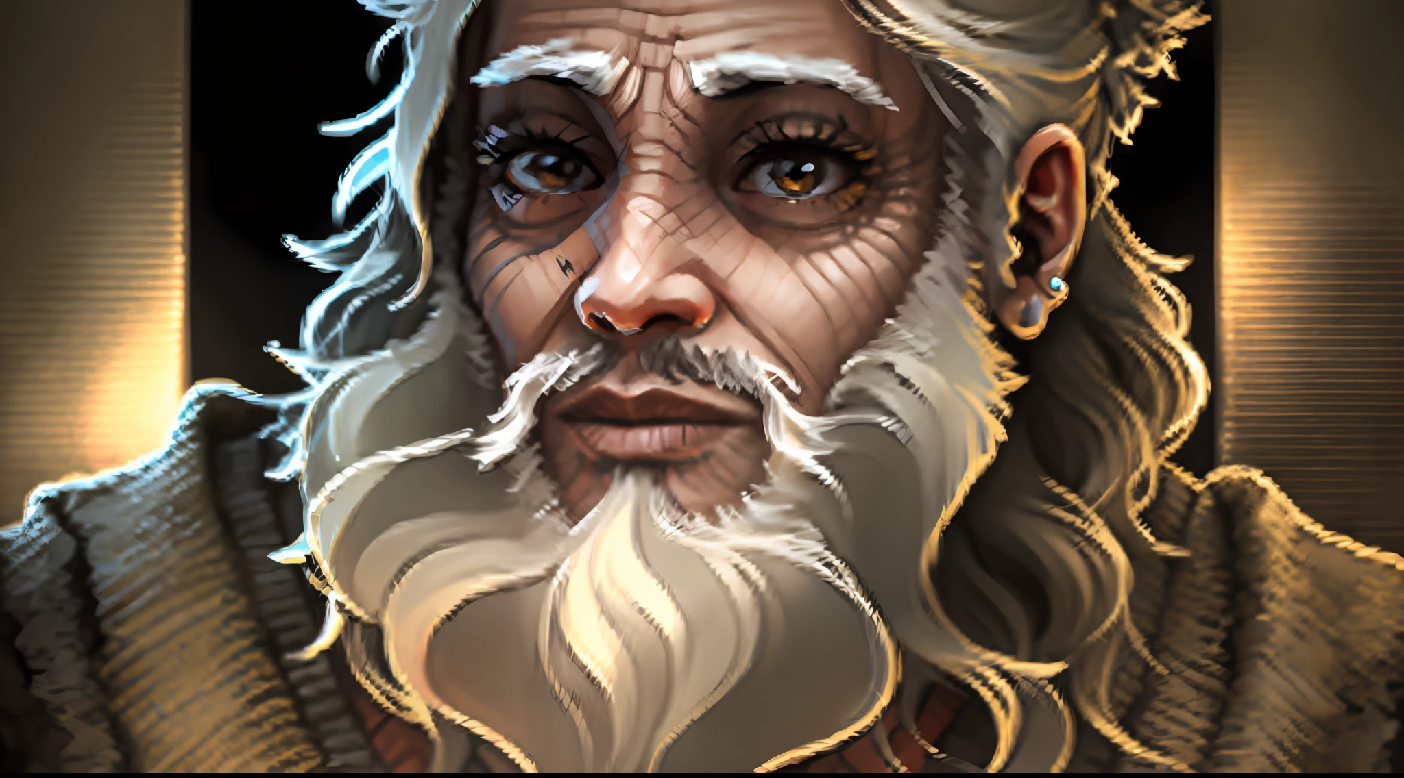 Um retrato de um mago, wise, barba pequena, escura, 40 anos , com olhos castanhos, penetrantes, rosto detalhado, detalhes altos, studio dark, luz de aro,