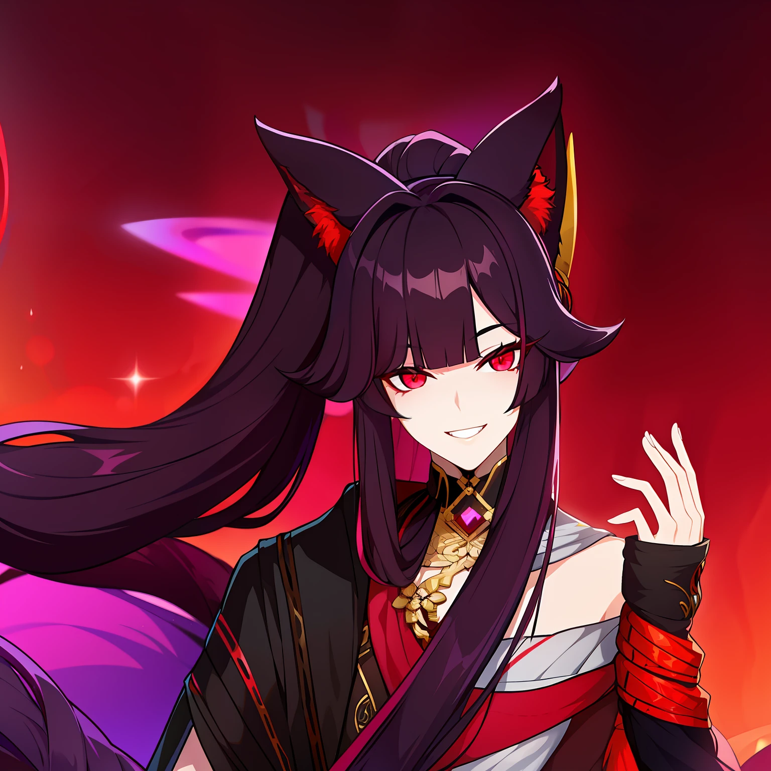 Young guy, pretty facial features, long dark purple hair, half gathered in messy ponytail, half loose, dangerous bright red eyes, black fit clothes with many jewels, fox ears and tail, mad smile