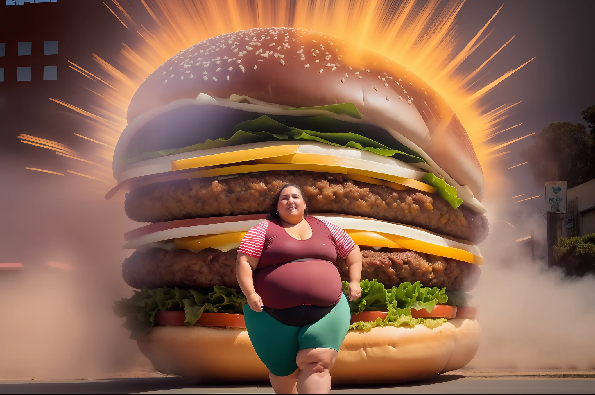 There's a fat woman, cabelo curto, hands walking, vestida, caminhando em uma estrada, athletic fashion photography, There's 1 giant burger behind, ao fundo, in the form of an explosion, Climbing towards you;