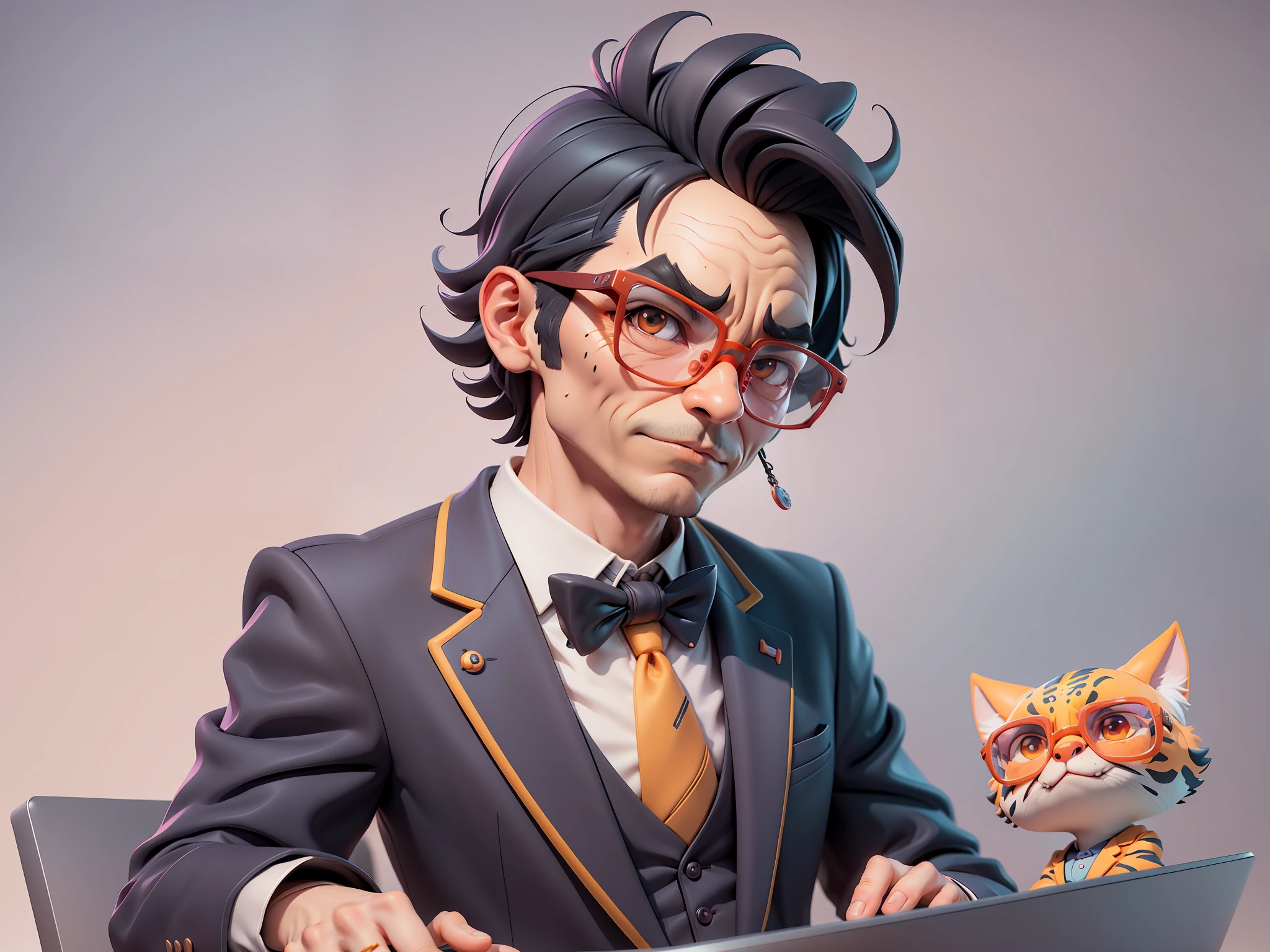 A young man in a suit, Short hair and glasses sat at his desk,holding laptop,digitial painting,tigre,3D character design by Mark Clairen and Pixar and Hayao Miyazaki and Akira Toriyama,4K HD illustration,Very detailed facial features and cartoon-style visuals。