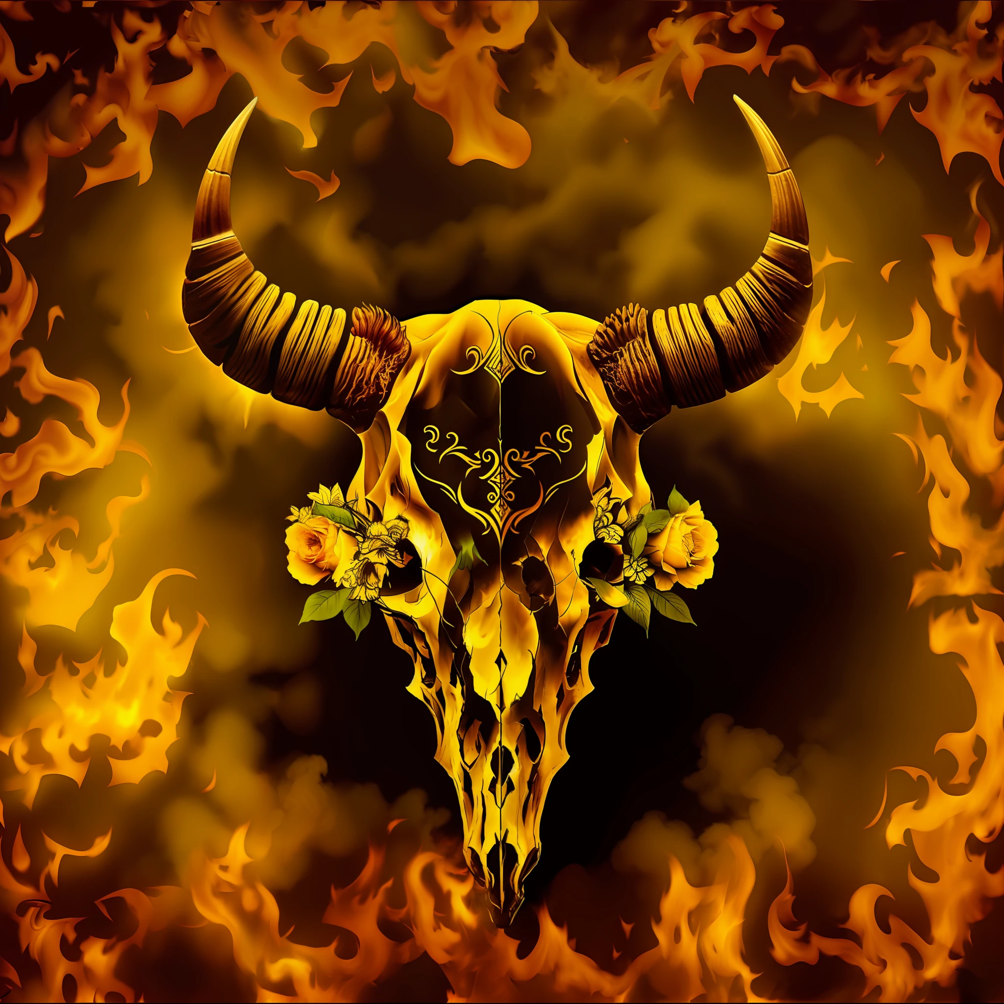 A closeup of a bull skull with yellow flowers on its head, fiery skull contemplating life, aries fiery ram tarot, cow skull, flaming skull, badass composition, with an animal skull for a head, queimando no inferno, fundo do inferno, pitchburn devils, fogo do inferno, animal skull, imagem de perfil, Inferno, pitchburn devils!, fundo do inferno