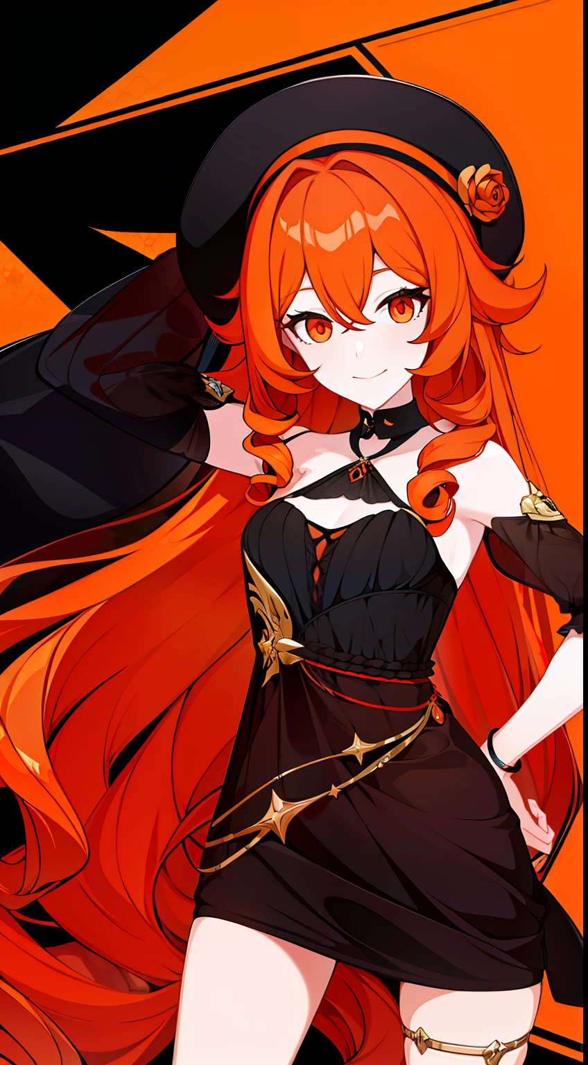 adult girl, long curly orange hair, Orange Eyes, black dress and hat, ssmile, Masterpiece, hiquality