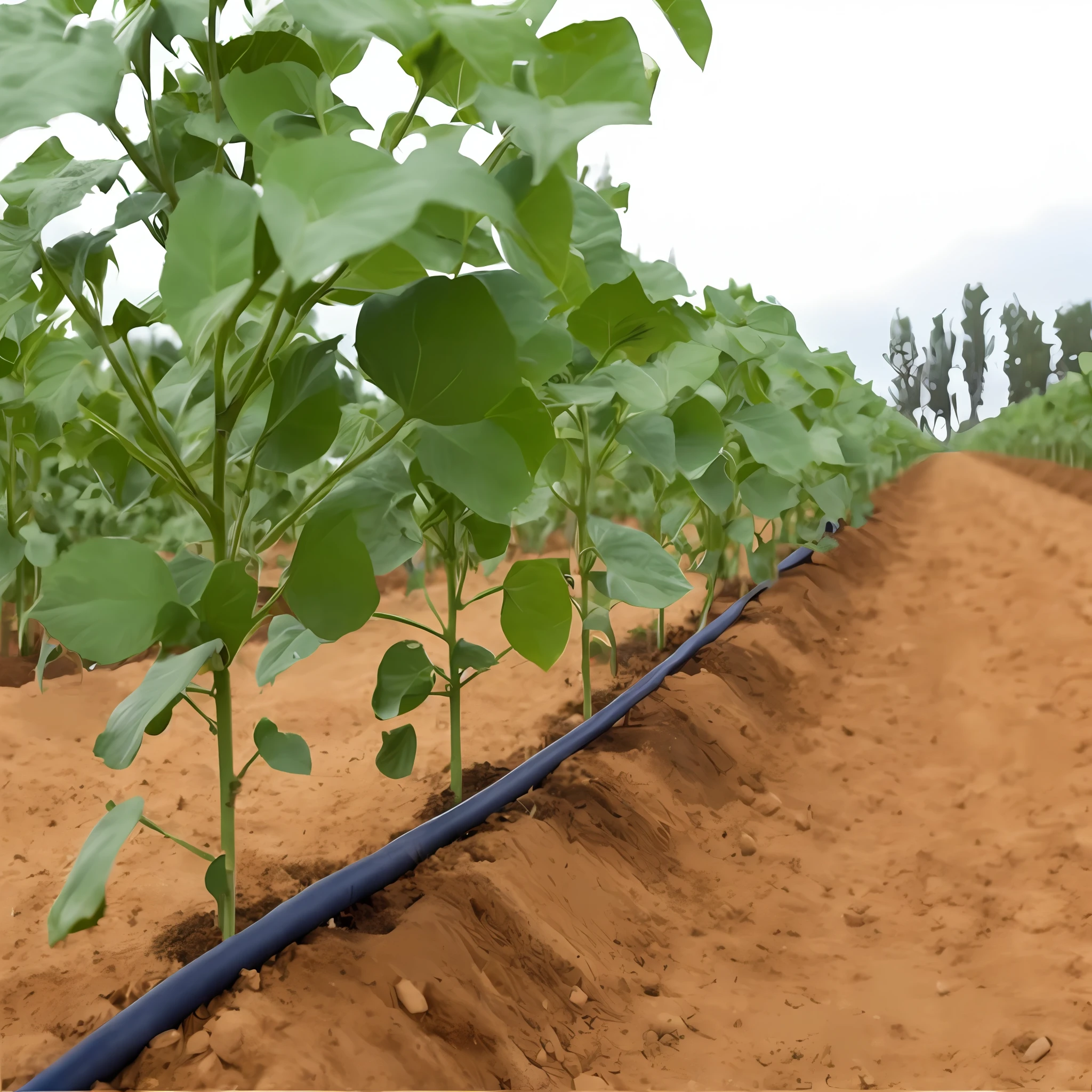 Plants grow in the soil, irrigation, nitrogen-rich soil, rows of lush crops, immaculate rows of crops, long vines,Black hose, The image is of high quality, close establishing shot,