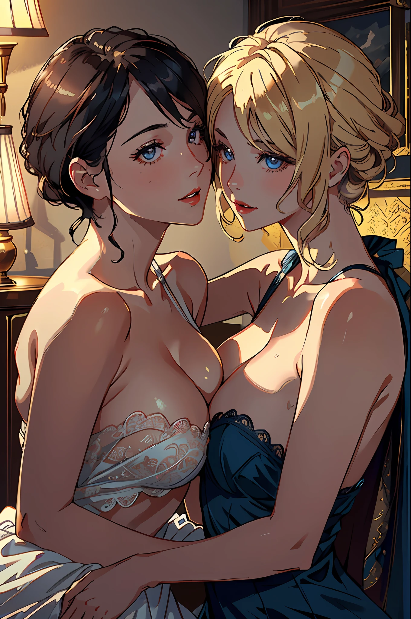 The cover of the (Mediaeval Fantasy) lesbian romance novel features a vibrant and captivating image that instantly captures attention. Against a backdrop of (Pillow), two women embrace, their bodies leaning towards each other with an undeniable chemistry. Their eyes reflect a mix of longing and tenderness, revealing the depth of their connection. Their diverse appearances celebrate the beauty of representation, as one woman is masculine, has short, vibrant hair and a confident expression, while the other exudes elegance and warmth. The cover art encapsulates the essence of love, inclusivity, and the exploration of passion between two women, inviting readers into an exciting (Medieval Fantasy) world of (Bigger and Big).`
fill in the (busty)!beautiful, elegant, smooth, shiny, detailed eyes, perfect face, perfect eyes, (ultra high res,photorealistic,realistic,best quality,photo-realistic), (8k, raw photo, best quality, masterpiece), ((nsfw)), (photon mapping, radiosity, physically-based rendering,automatic white balance), technological sense, best quality, masterpiece, illustration,CG ,unity ,wallpaper, official art, Amazing, finely detail, an extremely delicate and beautiful,extremely detailed, highly detailed, sharp focus,rich background,blurry background, (real person,photograph), (((high detailed skin,visible pores))), (((face close-up))), ((small breasts)),Her face is like a delicate flower, with soft, gentle features that exude warmth and kindness. Her eyes are a deep shade of brown, warm and welcoming, and her lashes are long and thick, framing her eyes in a way that draws you in. Her lips are full and pink, with a natural curve that makes her smile all the more inviting. When she speaks, her voice is soft and soothing, and you can't help but feel at ease in her presence.