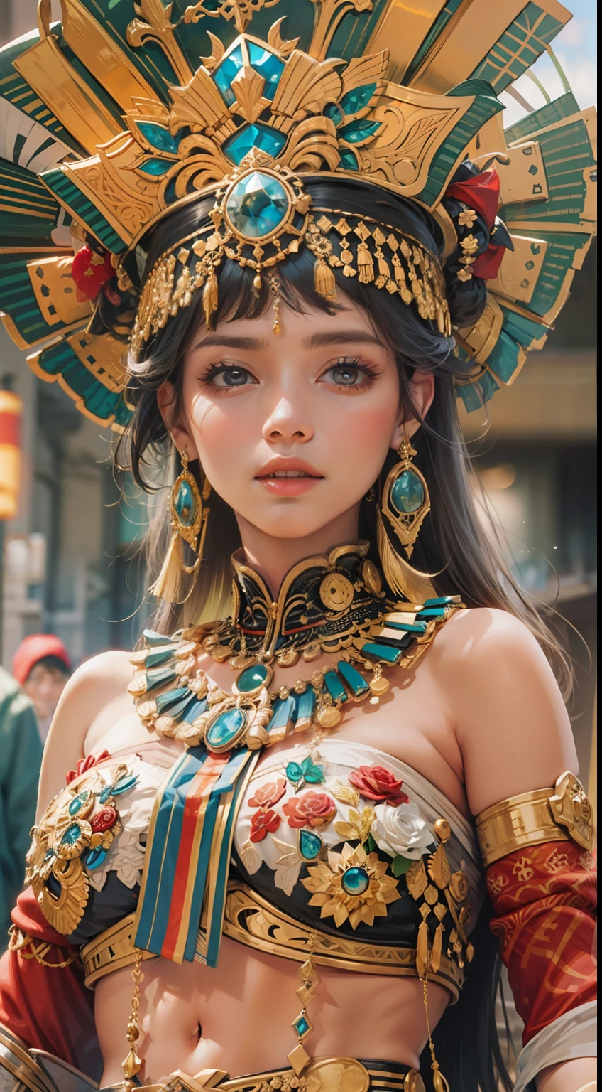 Beautiful woman in insanely intricate Incan empress Outfit