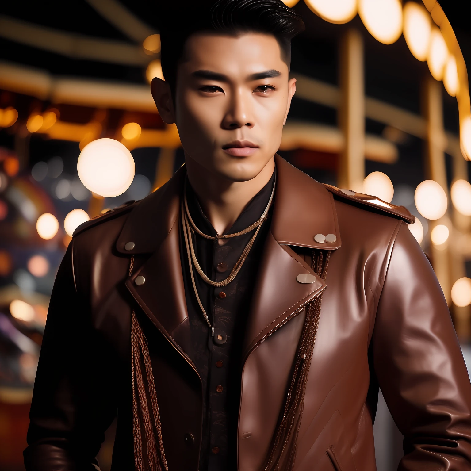 (1 Men，(8K:1.3), Knight image,Asian man photo，Mature men(Best quality, Masterpiece), 超高分辨率:1.2，The silhouette blends in with Korea&Japanese male style，The image is based on a 30-year-old man，The character's facial contours are three-dimensional，Be three-dimensional，Wild like a motorcyclist,  Wear leather textured gloves（Full of detail），Short brown hair(Gradient lighting）, 1 man, The skin texture is clear， Look ahead,The man's eyes were anxious，Chapped lips，Sweat on the forehead，The eyes are slender, (Photorealistic:1.4), (Best quality:1.0), (超高分辨率:1.0), 8K, RAW photo, (Masterpiece:0.2), (PureErosFace_V1:0.5),Feral male image, Men's leather biker jacket（metallic buttons），Several patterned printed shirts，Wear necklaces and bracelets and 3 metal chains in different styles，A thick rope is tied around the waist, The venue is located in front of the amusement park carousel, The man's expression was nervous，Liso's action，mystical ambiance，Male posture and male facial features(Three-dimensional)，Hair is scattered and layered，Lights illuminate the characters from top to bottom，Bare hair，sun light，画面压抑而紧张➕全男性特征元素