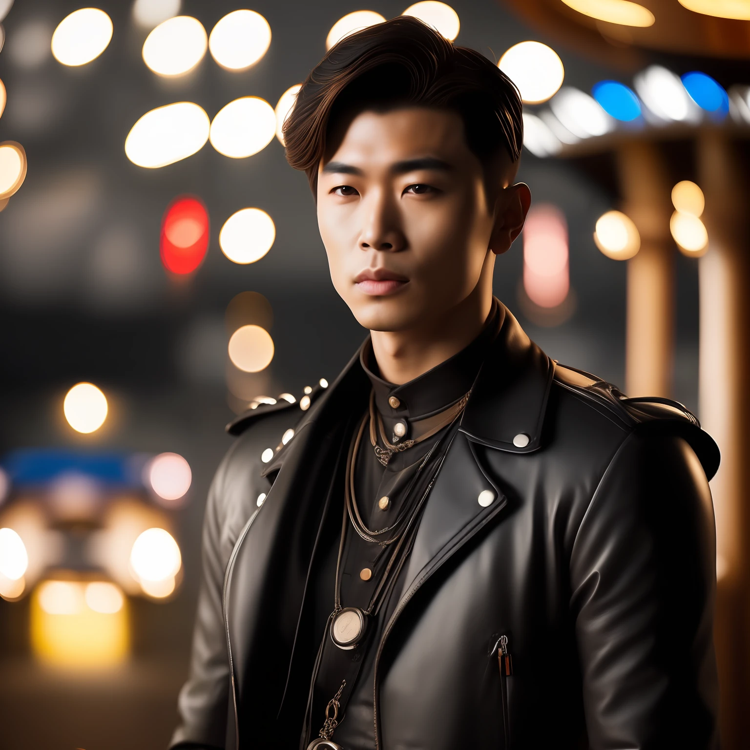 (1 Men,(8K:1.3), Knight image,Asian man photo,Mature men(Best quality, Masterpiece), 超高分辨率:1.2,The silhouette blends in with Korea&Japanese male style,The image is based on a 30-year-old man,The character's facial contours are three-dimensional,Be three-dimensional,Wild like a motorcyclist, Wear leather textured gloves(Full of detail),Short brown hair(Gradient lighting), 1 man, The skin texture is clear, Look ahead,The man's eyes were anxious,Chapped lips,Sweat on the forehead,The eyes are slender, (Photorealistic:1.4), (Best quality:1.0), (超高分辨率:1.0), 8K, RAW photo, (Masterpiece:0.2), (PureErosFace_V1:0.5),Feral male image, Men's leather biker jacket(metallic buttons),Several patterned printed shirts,Wear necklaces and bracelets and 3 metal chains in different styles,A thick rope is tied around the waist, The venue is located in front of the amusement park carousel, The man's expression was nervous,Liso's action,mystical ambiance,Male posture and male facial features(Three-dimensional),Hair is scattered and layered,Lights illuminate the characters from top to bottom,Bare hair,sun light,画面压抑而紧张➕全男性特征元素