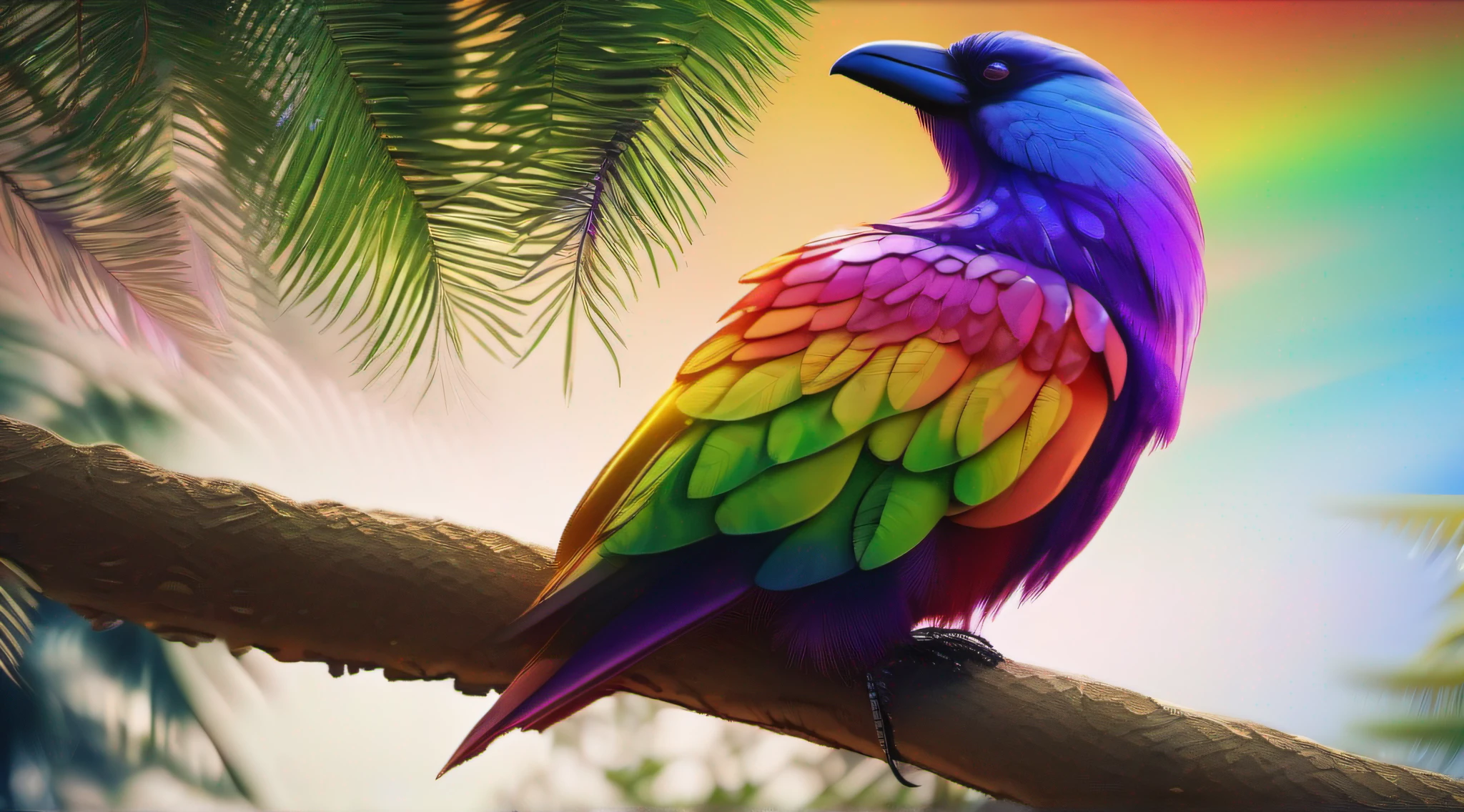 Colorful rainbow crow made of thick feathers, sentado em um tronco na floresta, usando um colar futurista com pequenas luzes coloridas, Pelo altamente detalhado, Pescador, symmetr, soft-lighting, rosto altamente detalhado, arte conceitual, Pintura digital, looking-into-camera, (vaga-lumes), nevoeiro, noite, ......lua, symmetr, (CBZBB: 1.25) lindos grandes olhos circulares reflexivos brilhantes, unreal engine cinematic smooth, detalhes intrincados