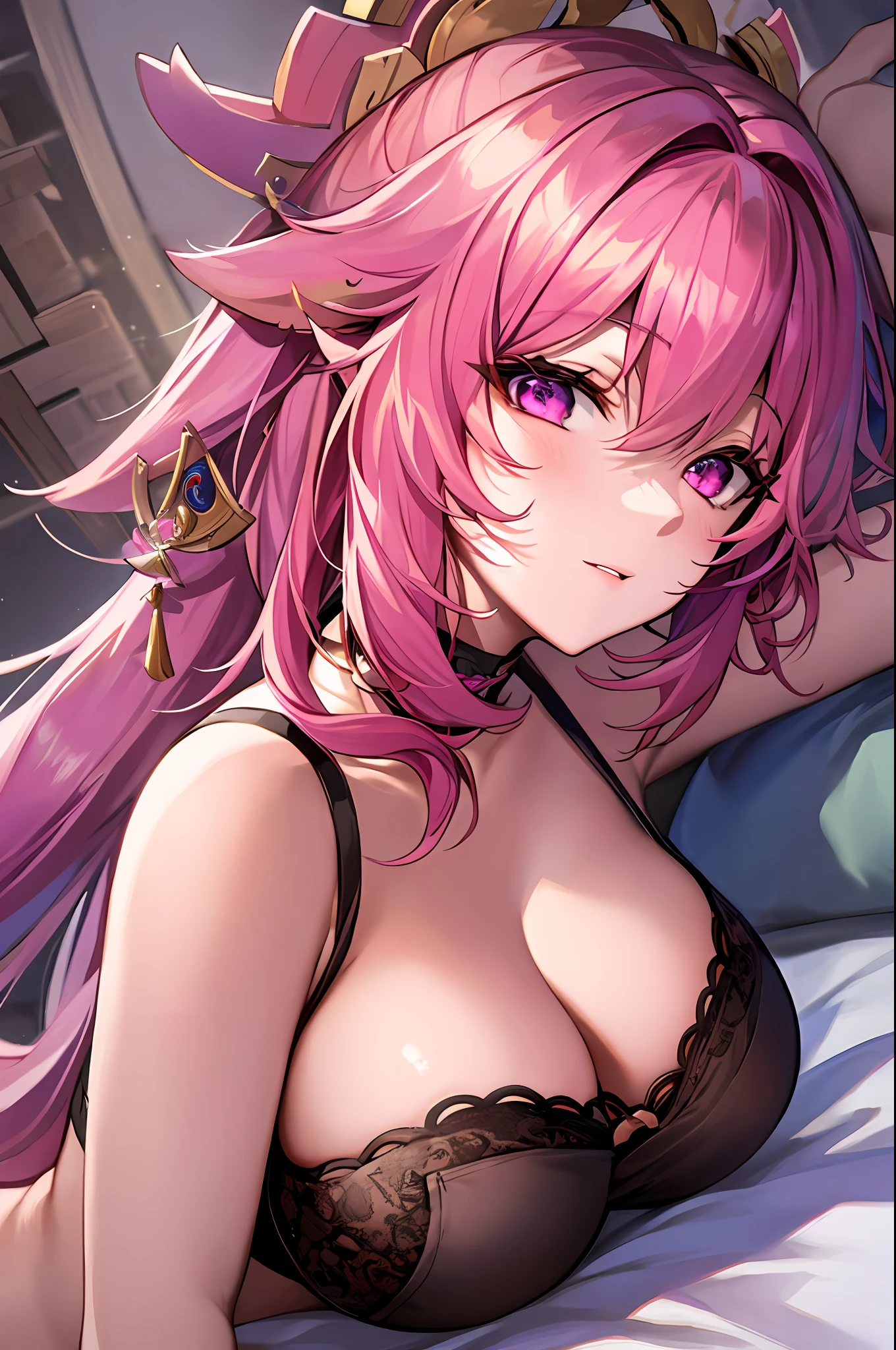 Yae miko, Masterpiece, pink hair, highest quality, high definition, solo, big breasts, indoors, black bra, thong with side tie, lying down, top, open arms