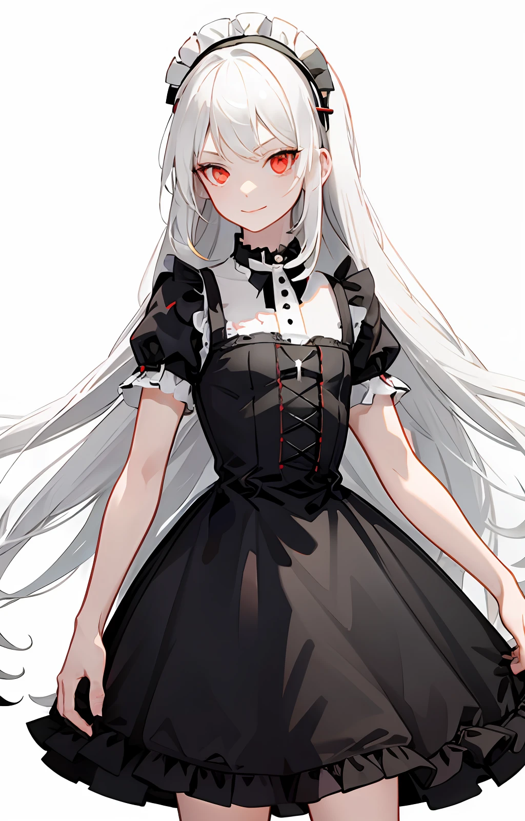 A girl wearing Lolita with white hair and red eyes