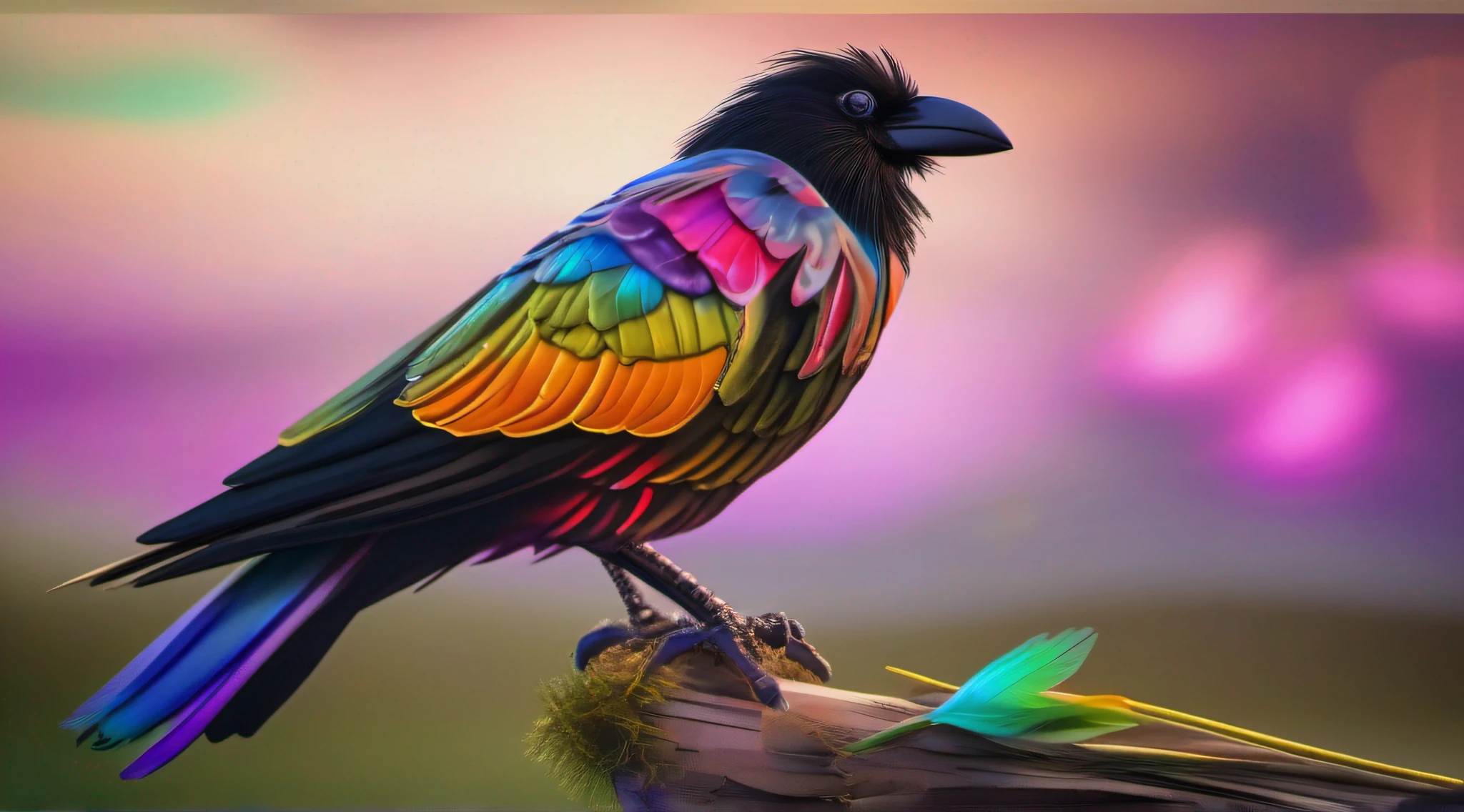 Colorful rainbow crow made of thick feathers, sentado em um tronco na floresta, usando um colar futurista com pequenas luzes coloridas, Pelo altamente detalhado, Pescador, symmetr, soft-lighting, rosto altamente detalhado, arte conceitual, Pintura digital, looking-into-camera, (vaga-lumes), nevoeiro, noite, ......lua, symmetr, (CBZBB: 1.25) lindos grandes olhos circulares reflexivos brilhantes, unreal engine cinematic smooth, detalhes intrincados