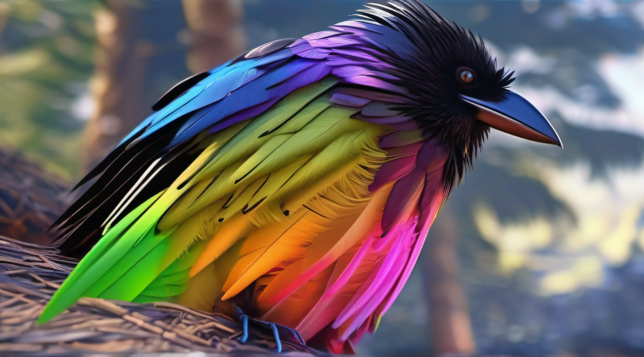 Colorful rainbow crow made of thick feathers, sentado em um tronco na floresta, usando um colar futurista com pequenas luzes coloridas, Pelo altamente detalhado, Pescador, symmetr, soft-lighting, rosto altamente detalhado, arte conceitual, Pintura digital, looking-into-camera, (vaga-lumes), nevoeiro, noite, ......lua, symmetr, (CBZBB: 1.25) lindos grandes olhos circulares reflexivos brilhantes, unreal engine cinematic smooth, detalhes intrincados
