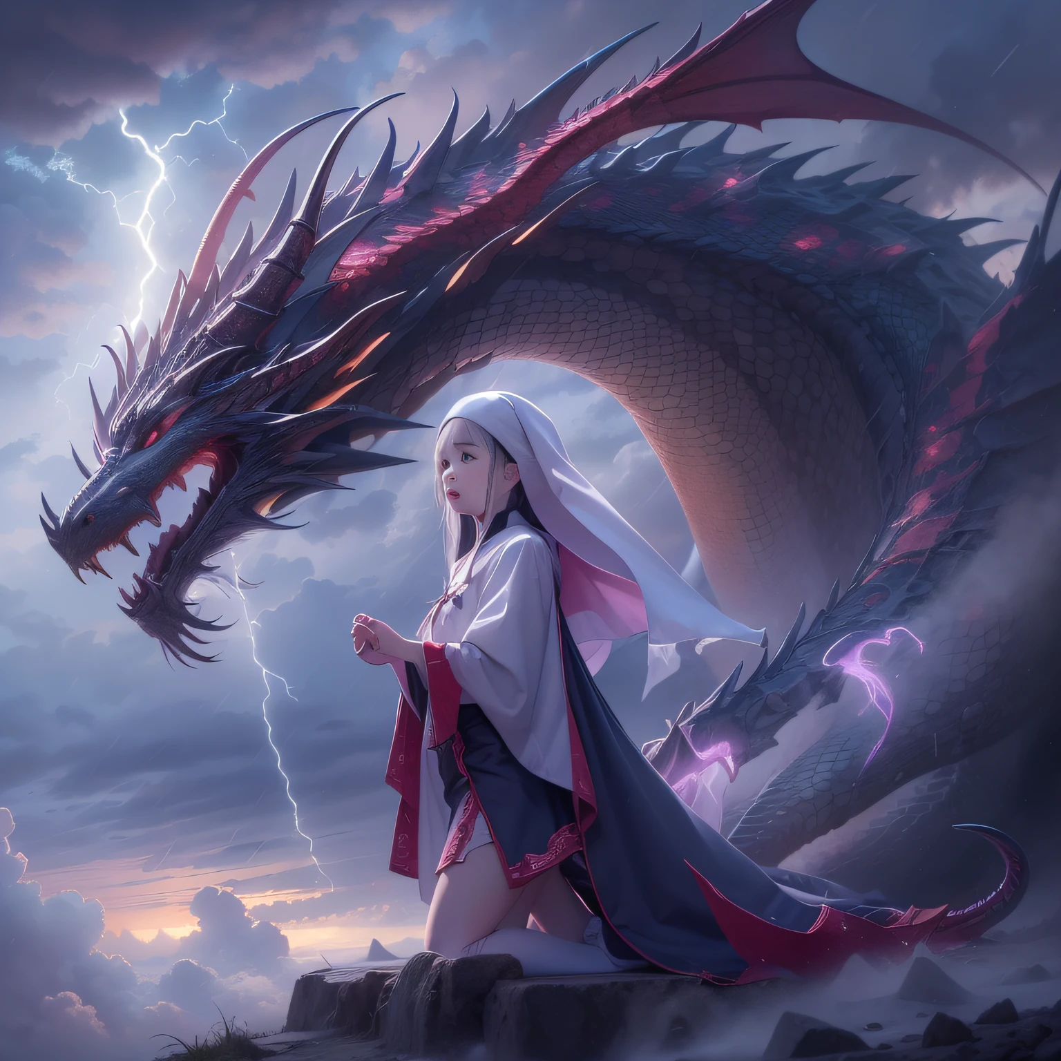 There is a dragon descending from heaven with a girl's prayer,((kneeling in prayer)),Girl in white nun uniform、Very bad weather、Western dragon,Girl sailing in front of a dragon surrounded by clouds、Elder Dragon,wyvern, epic dragon,god of dragons, epic fantasy digital art style,full body dragon concept, (Purple dragon), majestic dragon, Giant dragon as purple view,Realistic scale、Ancient dragons,(Dragon wearing Shiden),,Five-horned Dragon,dragon mawshot art,(A dragon appears from the sky)、Sun dragon surrounded by clouds、nun clothes,On a high cliff、Girl with a very detailed face,Realistic Girl,Cute little girl s,a blond、Blue eyes、Teen Girl, White skin,a beauty girl、a beautiful detailed girl.Western cityscape,A city attacked by angels,I'm looking at walled cities being destroyed by angels、Colorful thunder dragon breath from the mouth of a dragon、Dragon Breath Colorful Thunder, ''Dragon spits colorful thunder,Colorful thunder,Spit,Lightning clouds, Atmospheric lightning, Pink lightning, With thunderstorms, Dramatic purple lightning, Dark storm with lightning, Lightning in the sky,((Thin leg)),skinny thigh,(small tits)