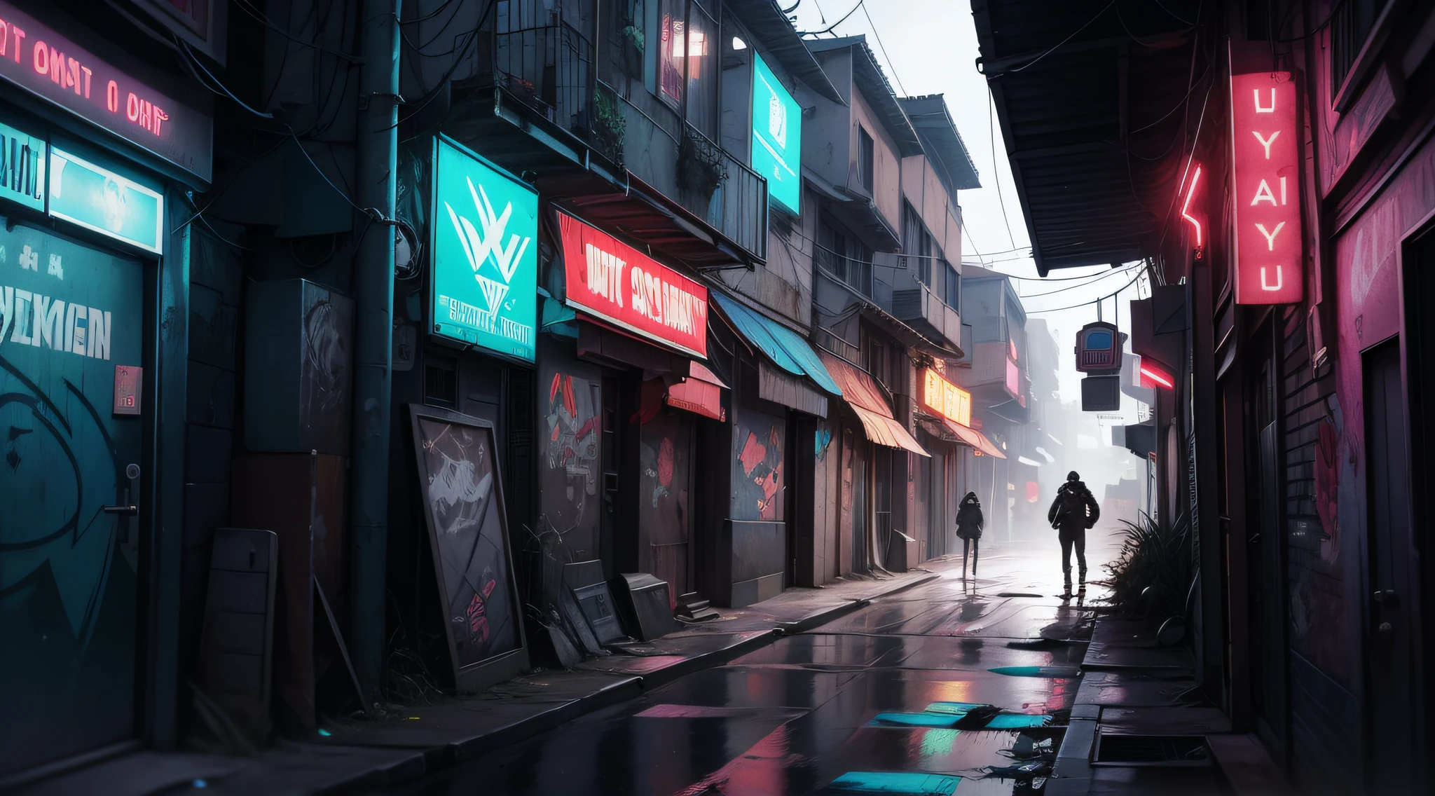 scenecy: A seedy neighborhood in the suburb of Alfa Centuri. Narrow streets with decrepit buildings and graffiti, forte neblina sufocante. The atmosphere is stifling with the constant presence of Nanotec drones patrolling the skies. Cyberpunk, futurista, Neon light