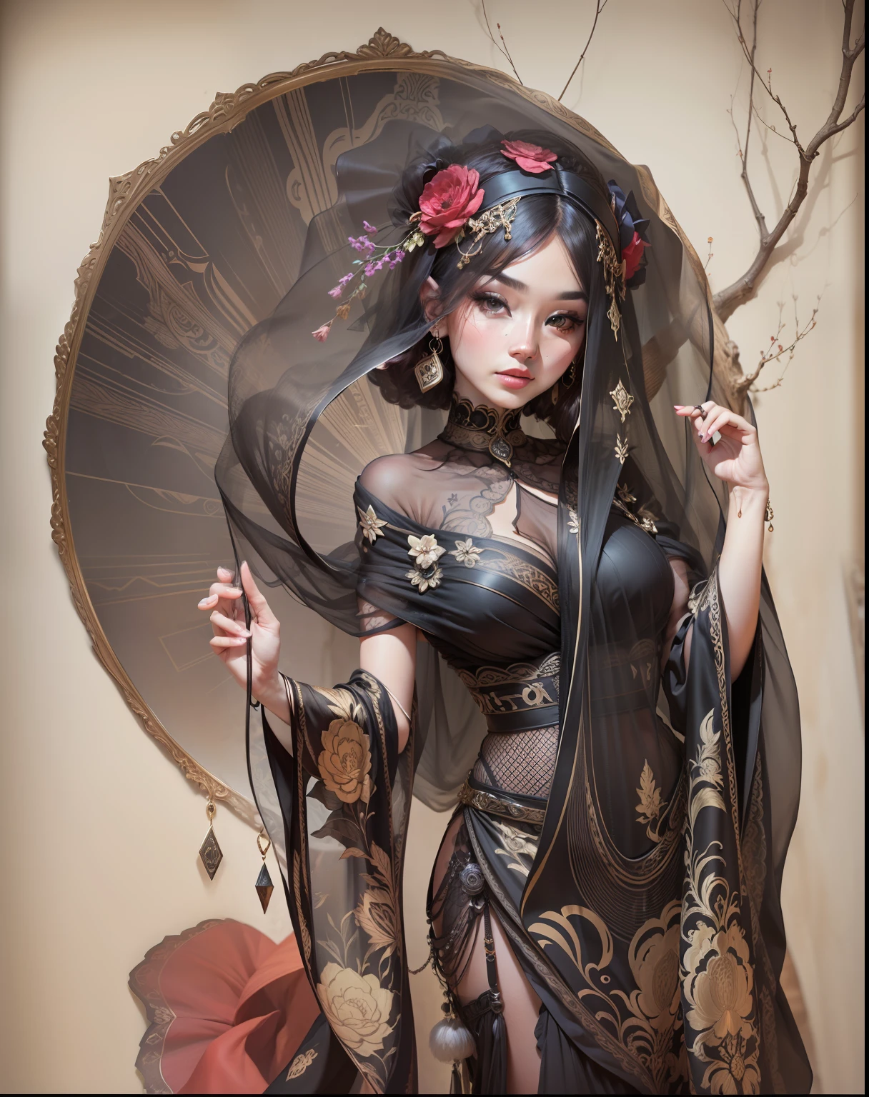 (Rosto com pano (transparent)) (black veil covering half of face) Dunhuang _ Panos,
Dunhuang _ Estilo ,
Dunhuang _ Background Story ,
VESTIDO Dunhuang, Estilo Dunhuang, black gold-rimmed veil blocking the delicate face, ponte do nariz alto, crimson lips look particularly charming, imagem de corpo inteiro, Dancing, Dancing, flexible