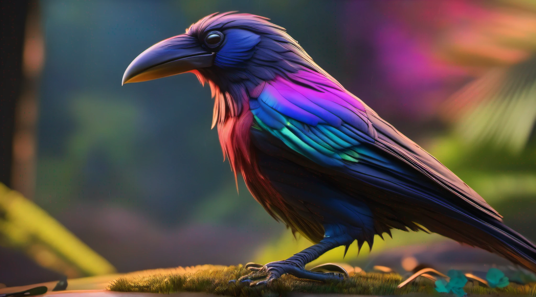 Colorful rainbow crow made of thick feathers, sentado em um tronco na floresta, usando um colar futurista com pequenas luzes coloridas, Pelo altamente detalhado, Pescador, symmetr, soft-lighting, rosto altamente detalhado, arte conceitual, Pintura digital, looking-into-camera, (vaga-lumes), nevoeiro, noite, ......lua, symmetr, (CBZBB: 1.25) lindos grandes olhos circulares reflexivos brilhantes, unreal engine cinematic smooth, detalhes intrincados