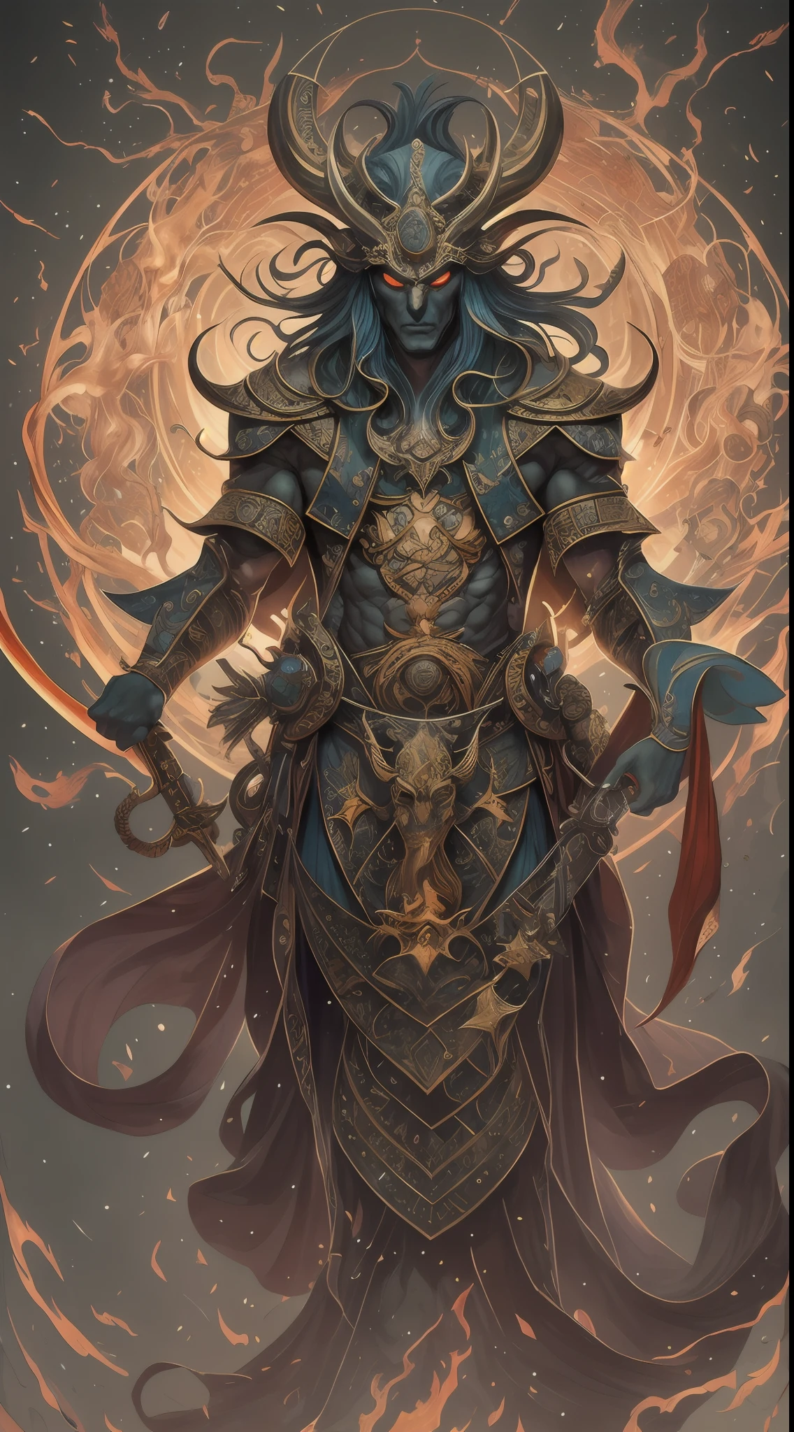 photore，sportrait，God floating on fire[The discovery of wormholes leads to a new world|The cursed prince must marry the Void]，[sci-fy：fanciful：0.6]cinmatic lighting，detailedbackground，at centre，Michael Bay style，insane detailed，k hd，concept-art，number art，with dynamism，（The most beautiful art in the world：1.2），（V0id3nergy：1.3），A man with a sword and a demon，beautiful male god of death，mohrbacher，Inspired by Shunkōsai Hokushu，In the artistic style of Morebach，asura from chinese myth，the god of chaos，Inspired by Ryūkōsai Jokei，Style Peter Molbach