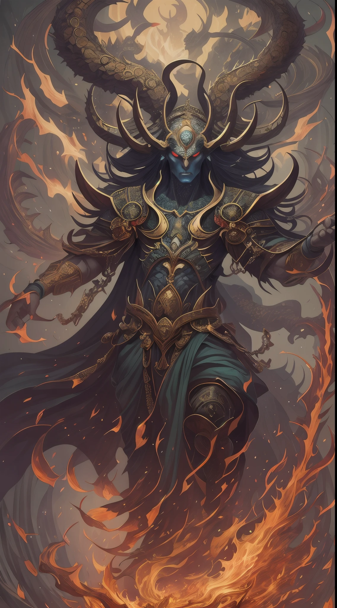 photore，sportrait，God floating on fire[The discovery of wormholes leads to a new world|The cursed prince must marry the Void]，[sci-fy：fanciful：0.6]cinmatic lighting，detailedbackground，at centre，Michael Bay style，insane detailed，k hd，concept-art，number art，with dynamism，（The most beautiful art in the world：1.2），（V0id3nergy：1.3），A man with a sword and a demon，beautiful male god of death，mohrbacher，Inspired by Shunkōsai Hokushu，In the artistic style of Morebach，asura from chinese myth，the god of chaos，Inspired by Ryūkōsai Jokei，Style Peter Molbach